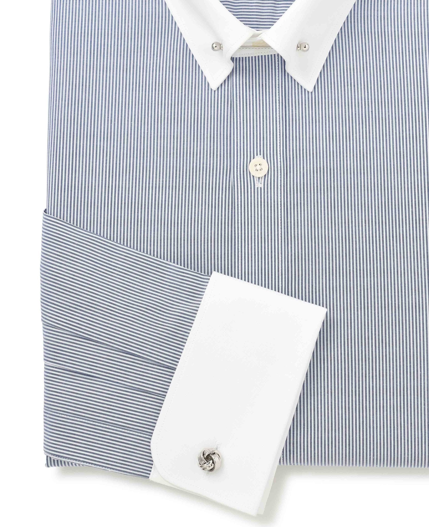 Blue White Stripe Poplin Slim Fit Pin Collar Winchester Formal Shirt - Double Cuff - Image 6