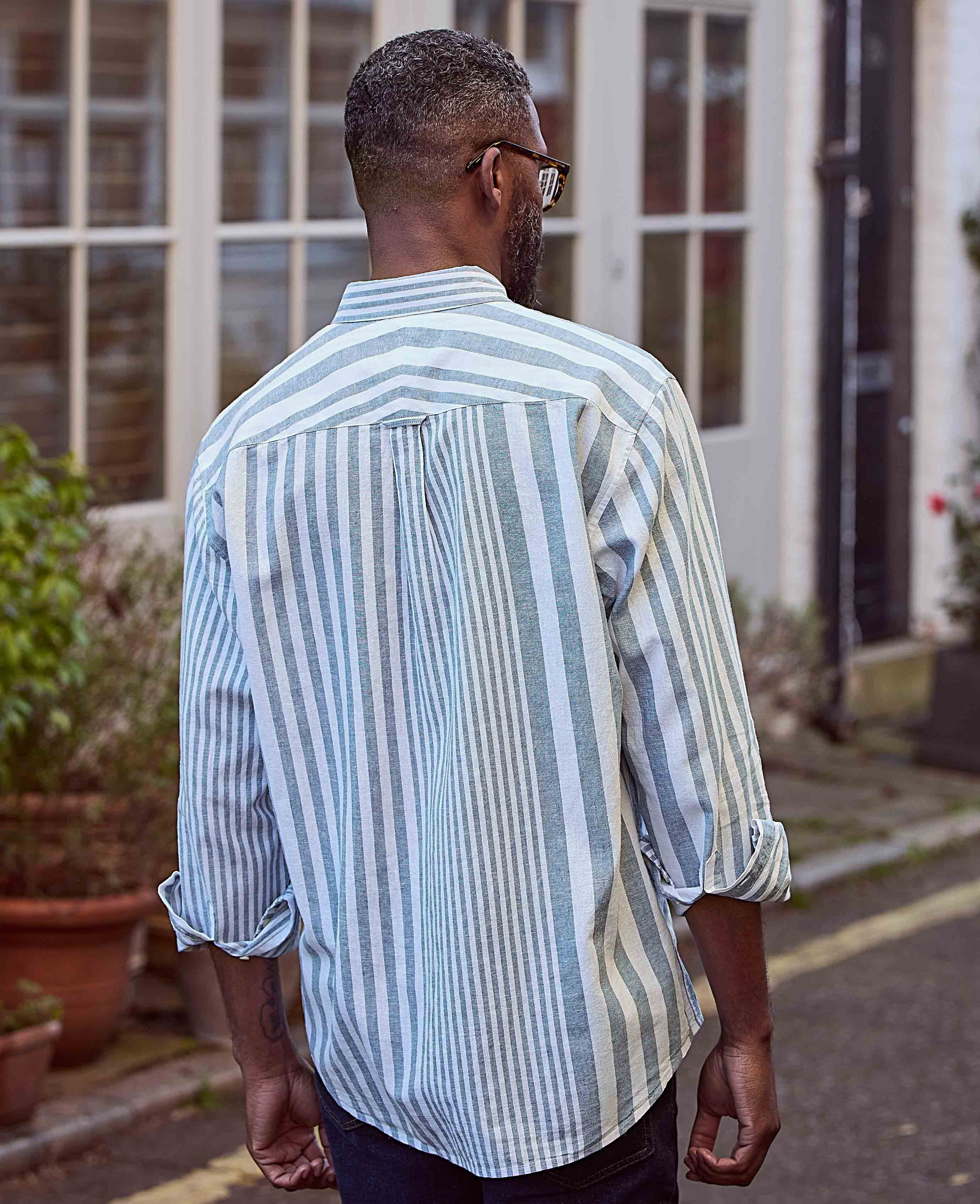 Blue White Variegated Stripe Cotton Linen Classic Fit Button-Down Casual Shirt - Image 3