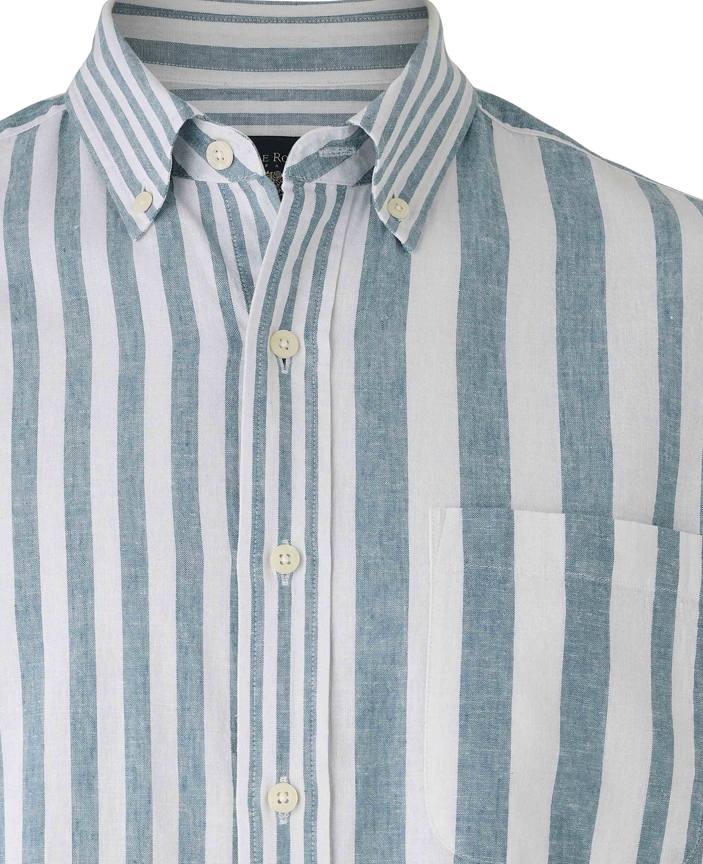 Blue White Variegated Stripe Cotton Linen Classic Fit Button-Down Casual Shirt - Image 4