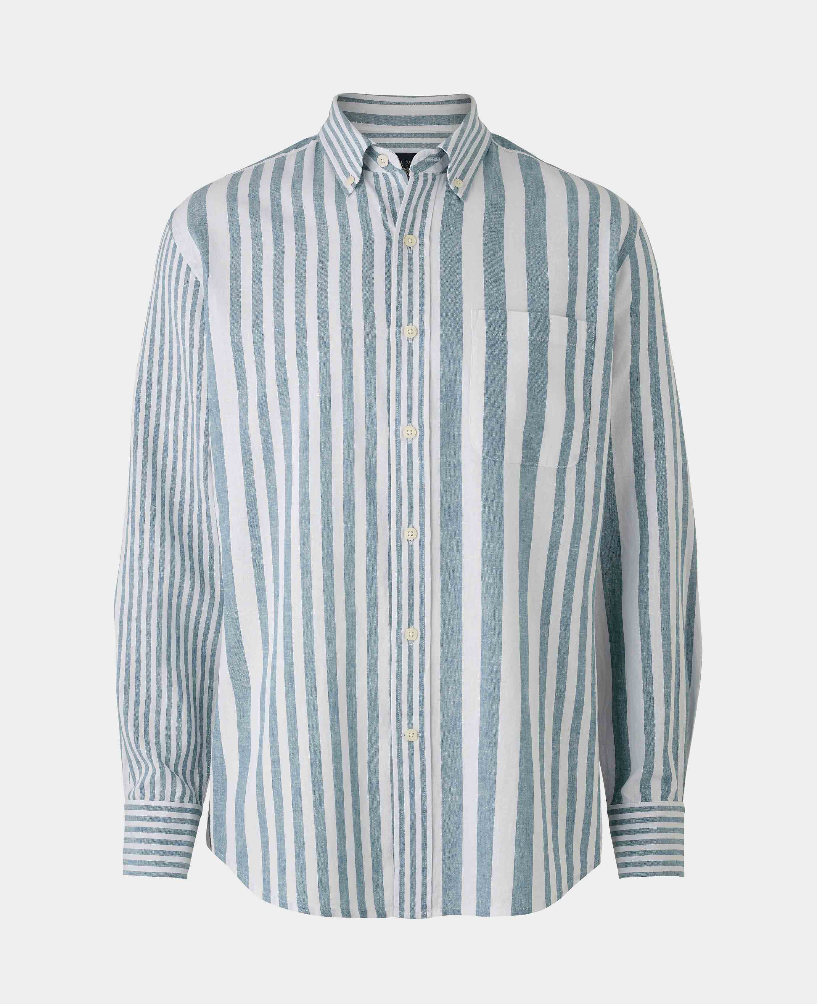 Blue White Variegated Stripe Cotton Linen Classic Fit Button-Down Casual Shirt - Image 5