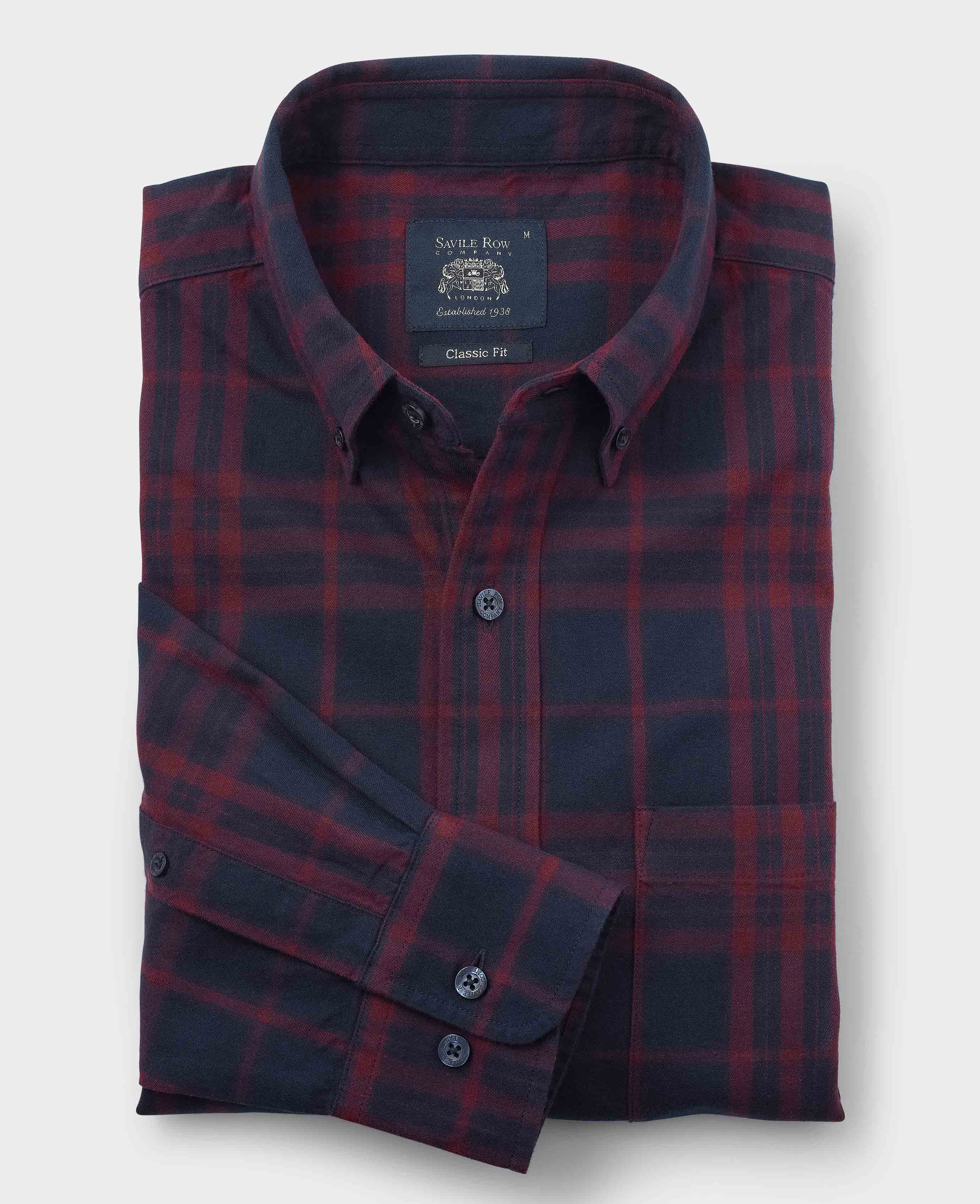 Burgundy Navy Brushed Cotton Check Classic Fit Button-Down Casual Shirt - Image 2