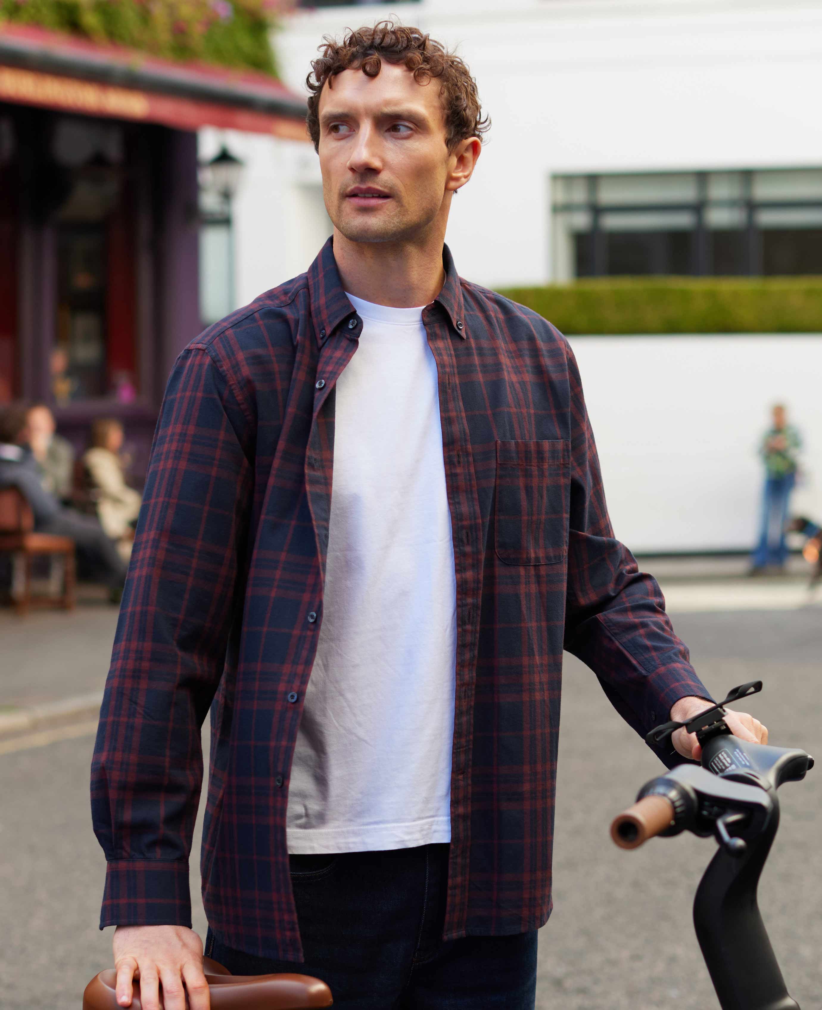 Burgundy Navy Brushed Cotton Check Classic Fit Button-Down Casual Shirt - Image 3