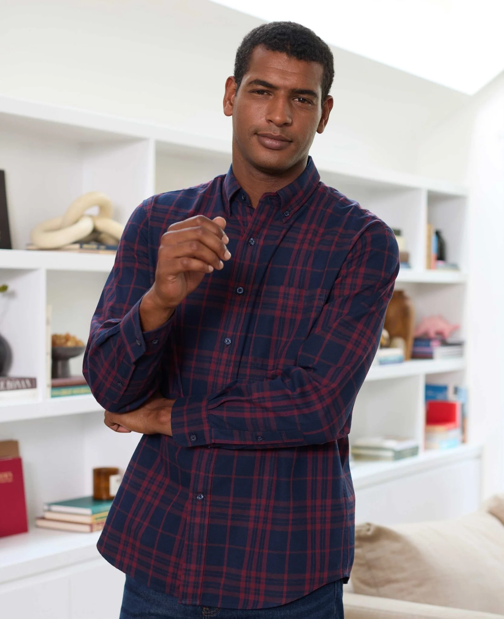 Burgundy Navy Brushed Cotton Check Classic Fit Button-Down Casual Shirt - Image 6