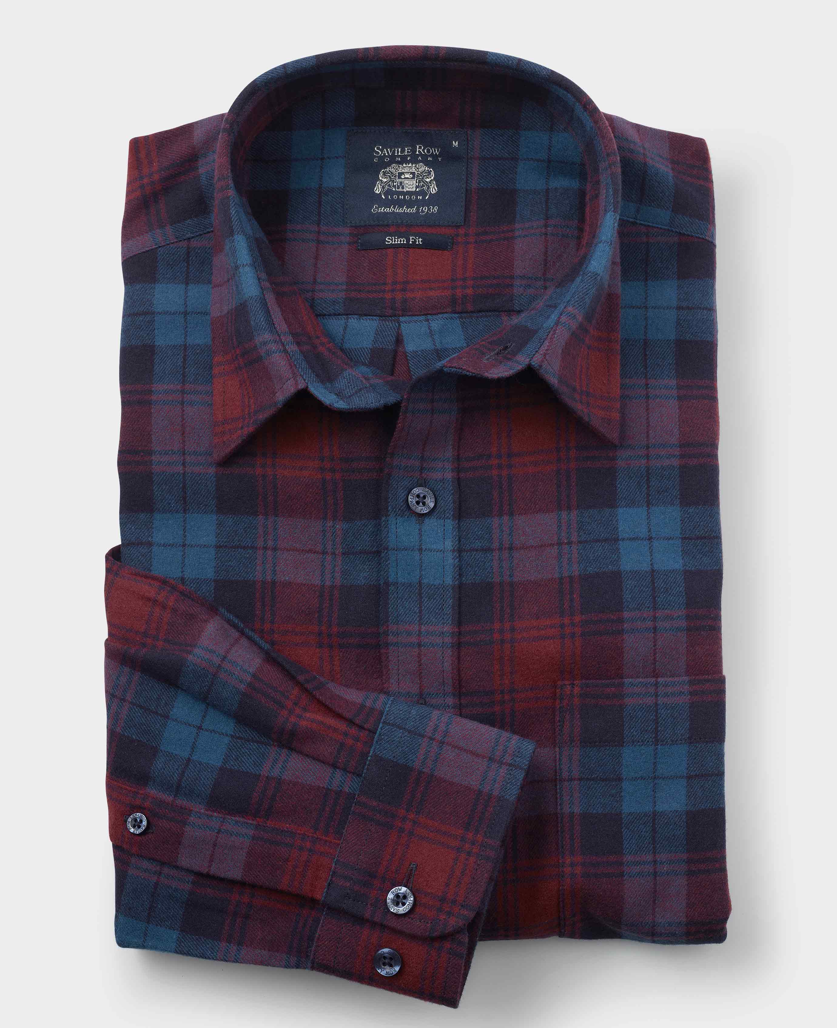 Burgundy Navy Brushed Cotton Check Slim Fit Casual Shirt - Image 2