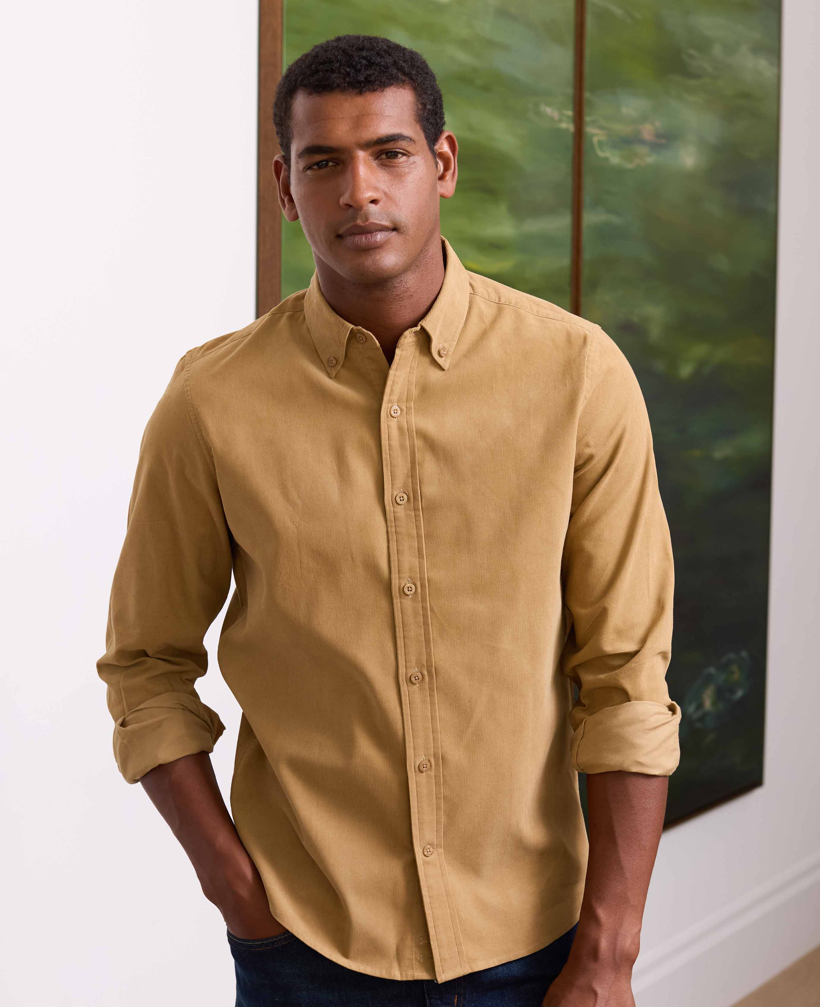 Camel Cotton Babycord Slim Fit Button-Down Casual Shirt - Image 3