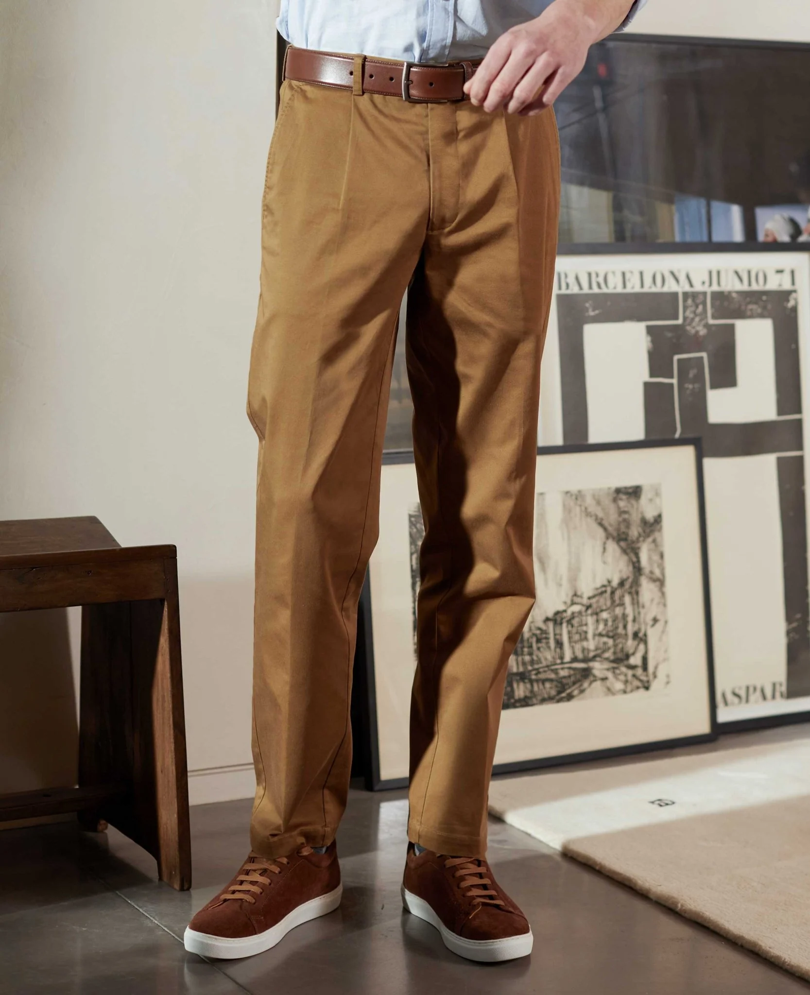 Cappuccino Brown Stretch Cotton Classic Fit Pleated Chinos - Image 3