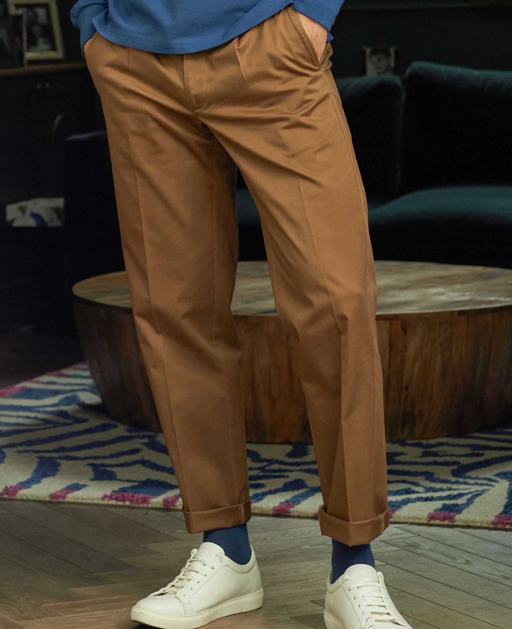 Cappuccino Brown Stretch Cotton Classic Fit Pleated Chinos - Image 4