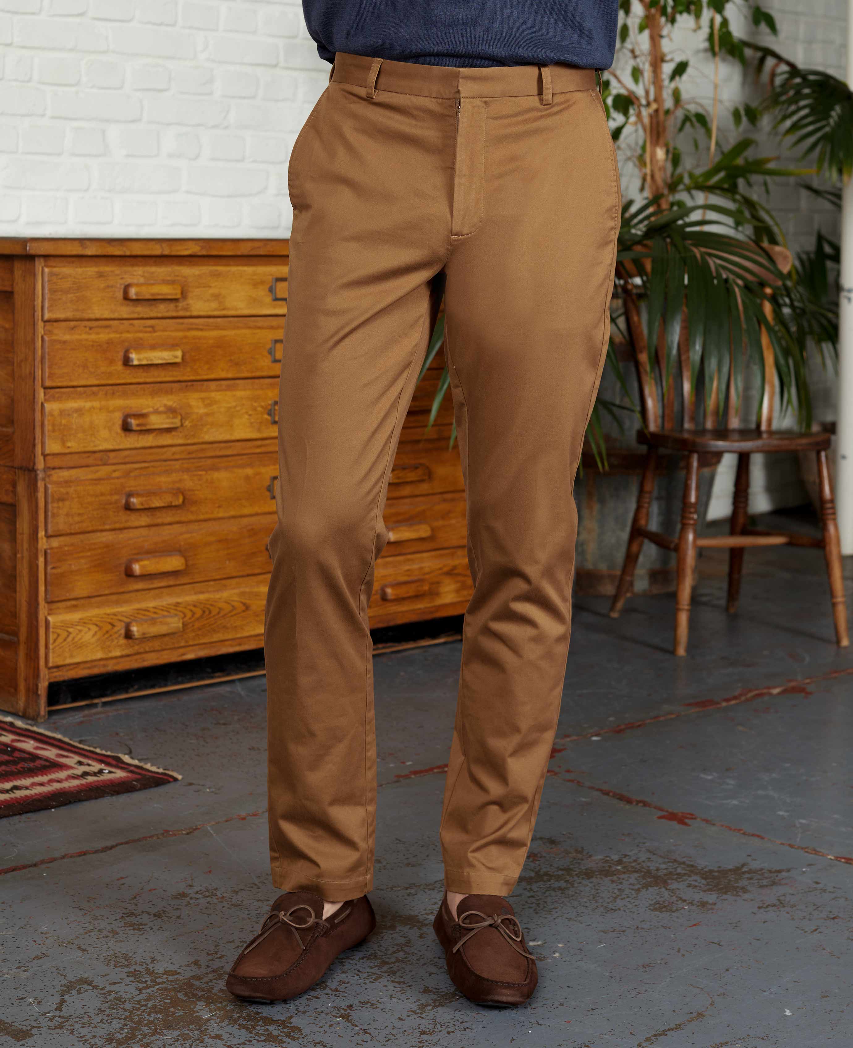 Cappuccino Brown Stretch Cotton Classic Fit Flat Front Chinos - Image 5