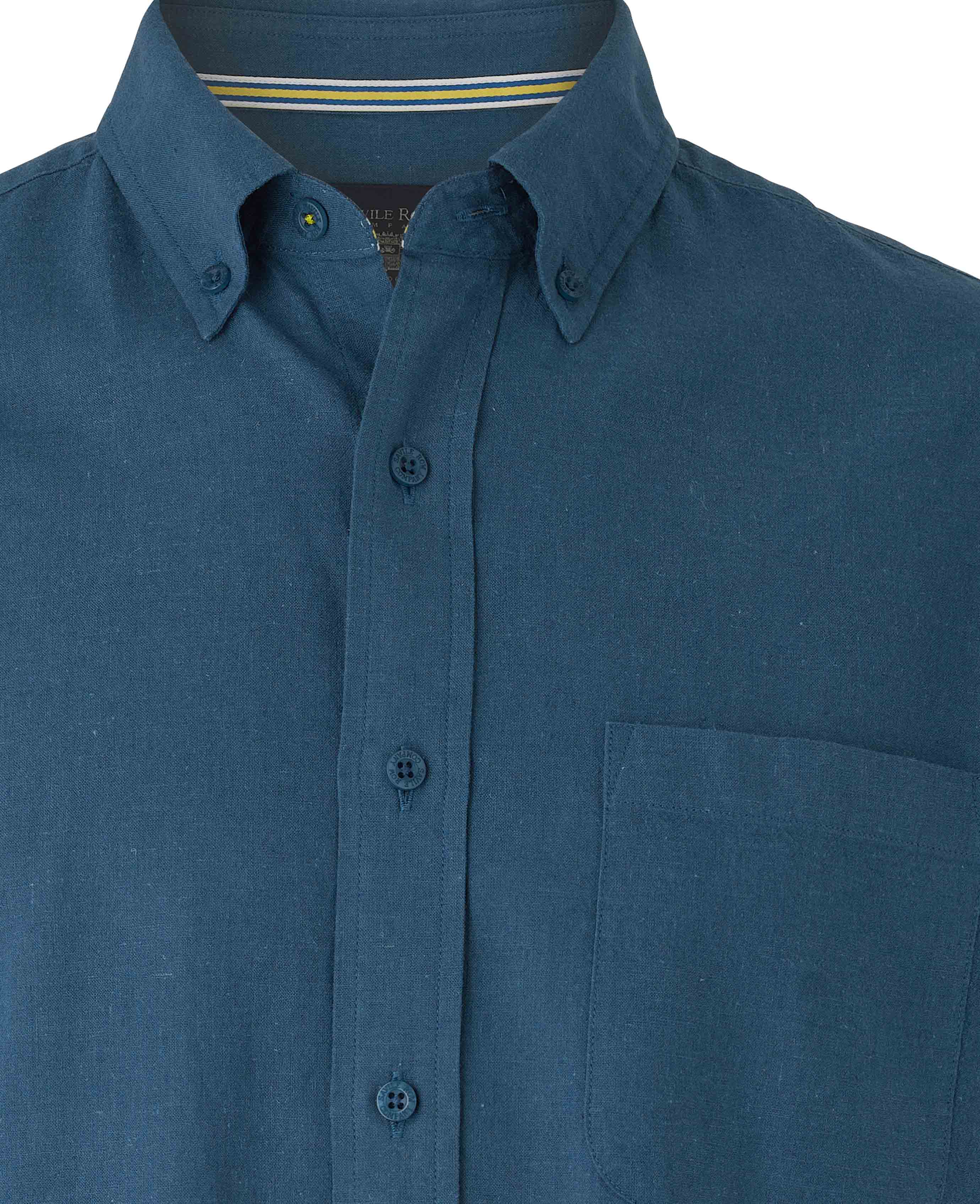 Dark Blue Linen Cotton Classic Fit Button-Down Short Sleeve Casual Shirt - Image 4