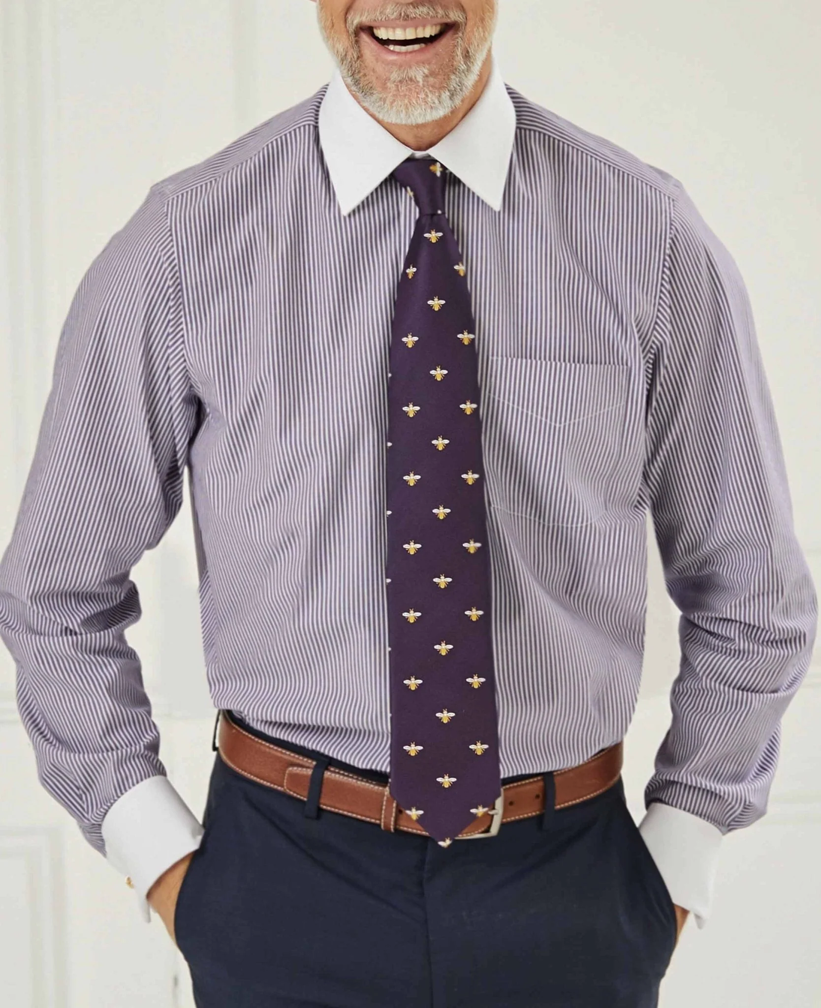 Dark Navy White Stripe Cotton Poplin Classic Fit Formal Shirt - Double White Cuff & White Collar [RTC] - Image 4
