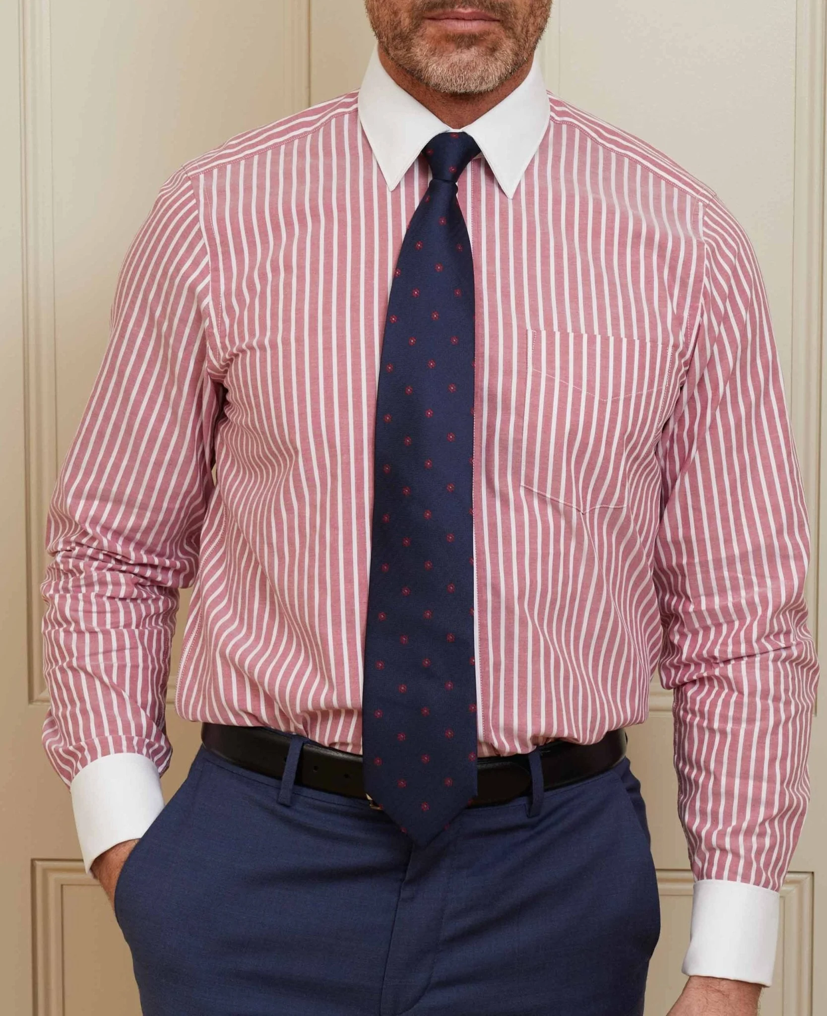 Dark Red White Stripe Classic Fit Shirt With White Collar & Cuffs - Double Cuff [RTC] - Image 5