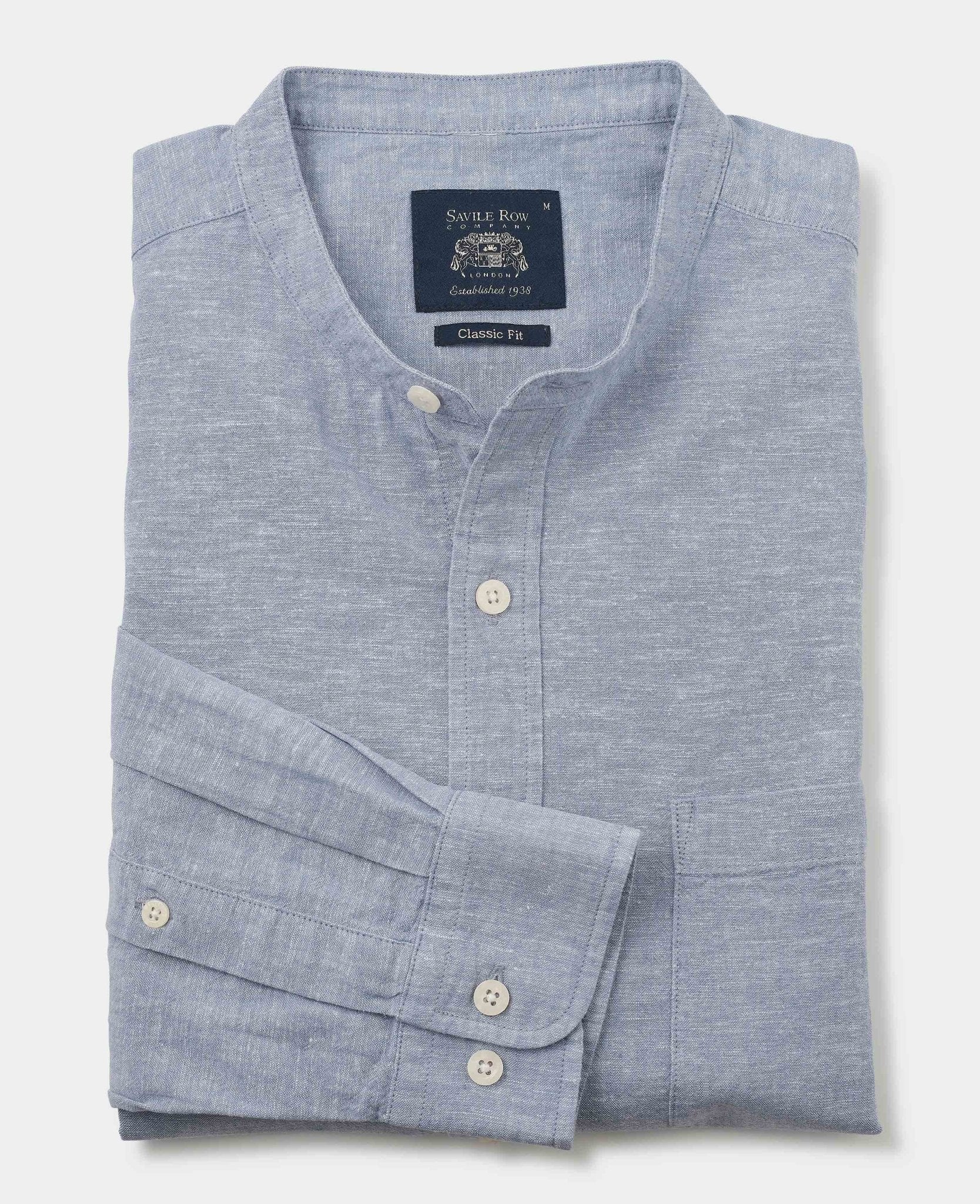Denim Blue Linen Cotton Classic Fit Grandad Collar Casual Shirt - Image 4