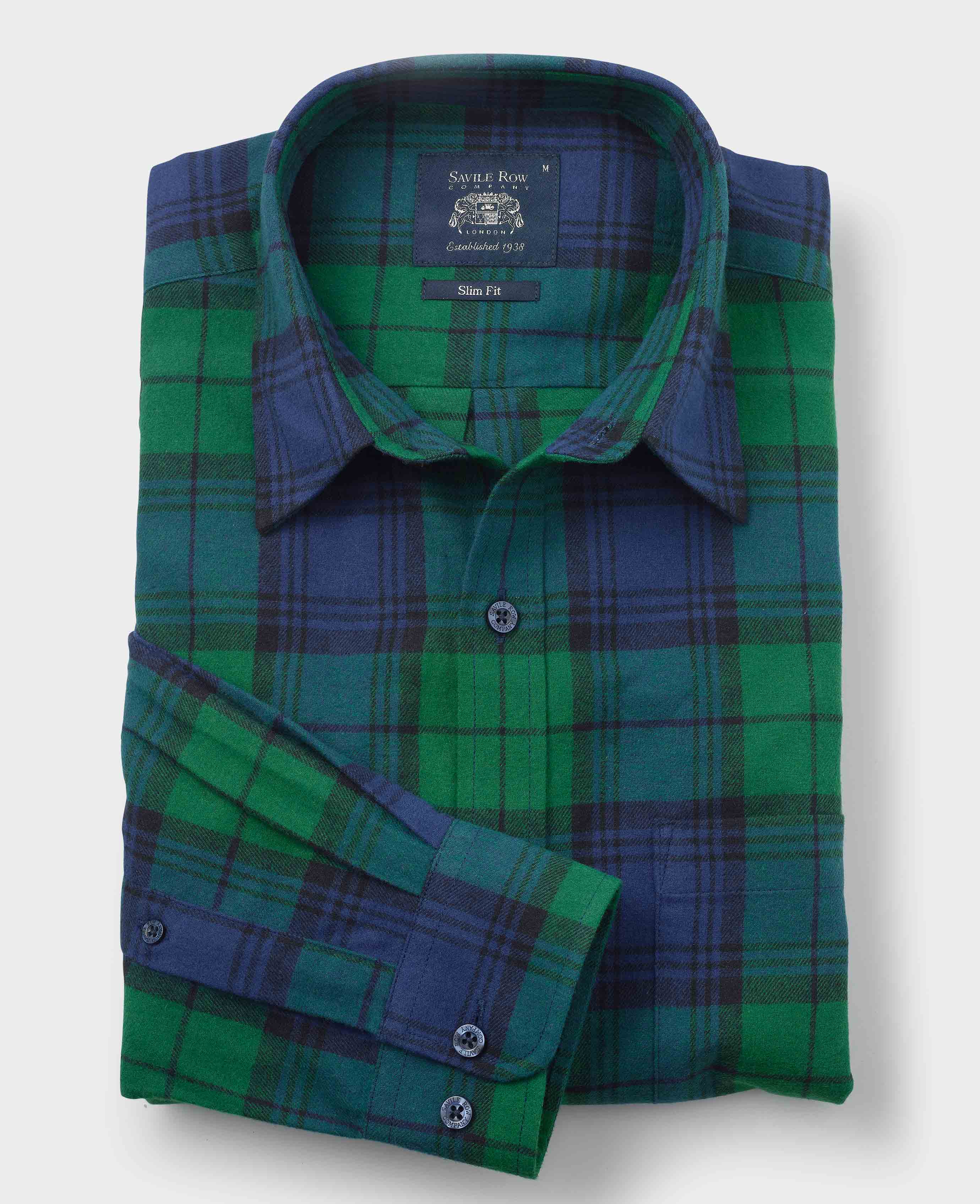 Green Blue Brushed Cotton Check Slim Fit Casual Shirt - Image 2