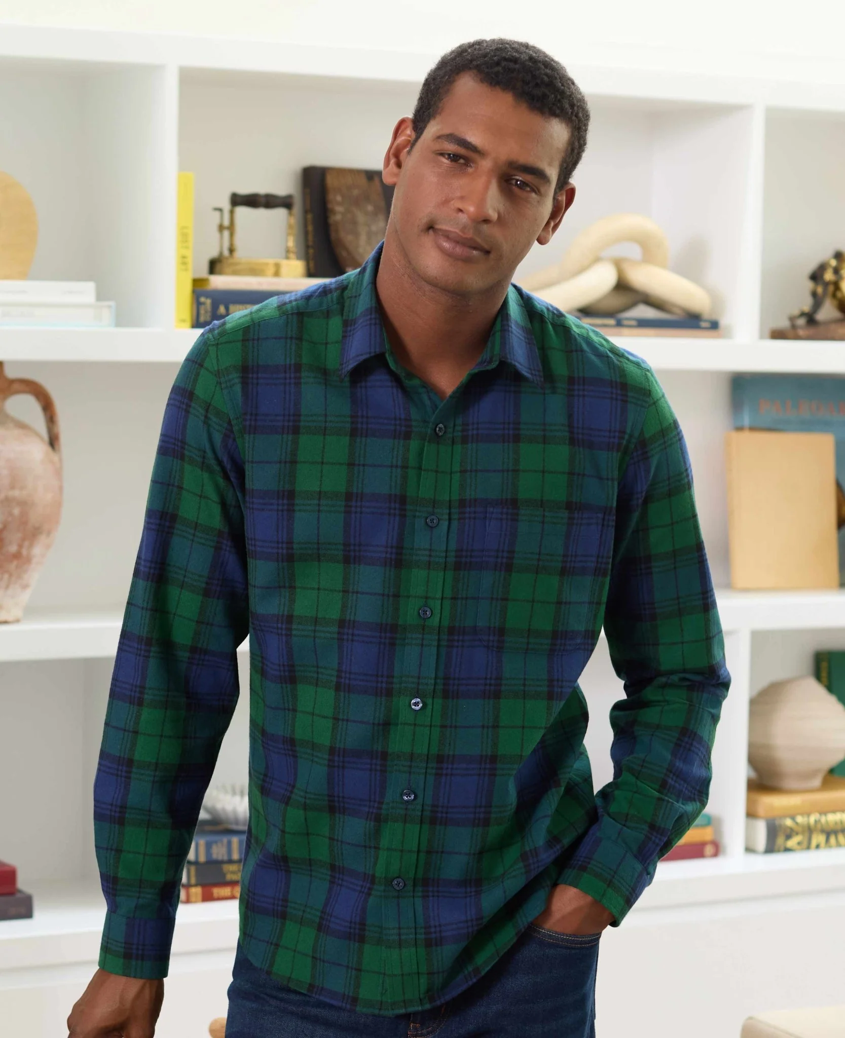 Green Blue Brushed Cotton Check Slim Fit Casual Shirt - Image 3