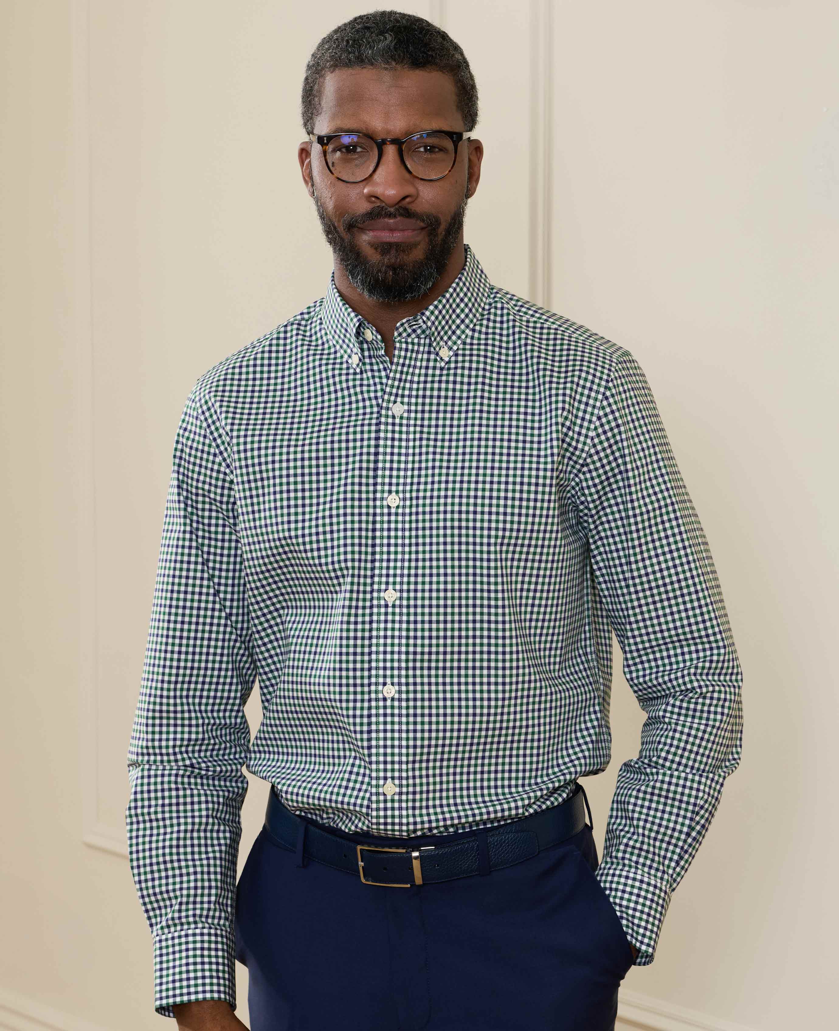 Green Blue Poplin Gingham Check Slim Fit Casual Shirt - Image 3