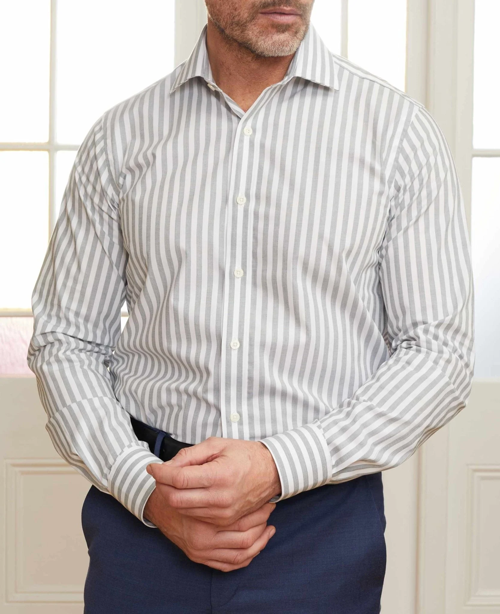 Green Slim Fit Striped Formal Shirt - Single Cuff [RTC] - Image 3