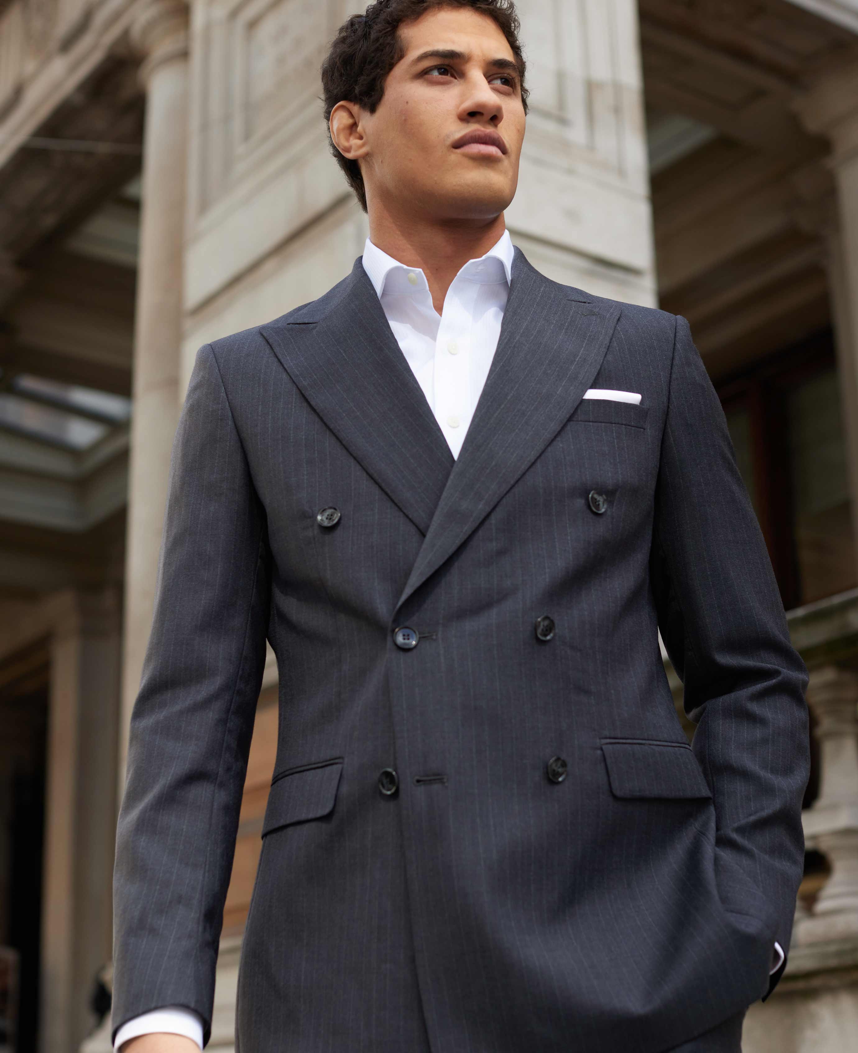 Grey Wool Blend Chalk Stripe Double Breasted Tailored Suit - Image 3