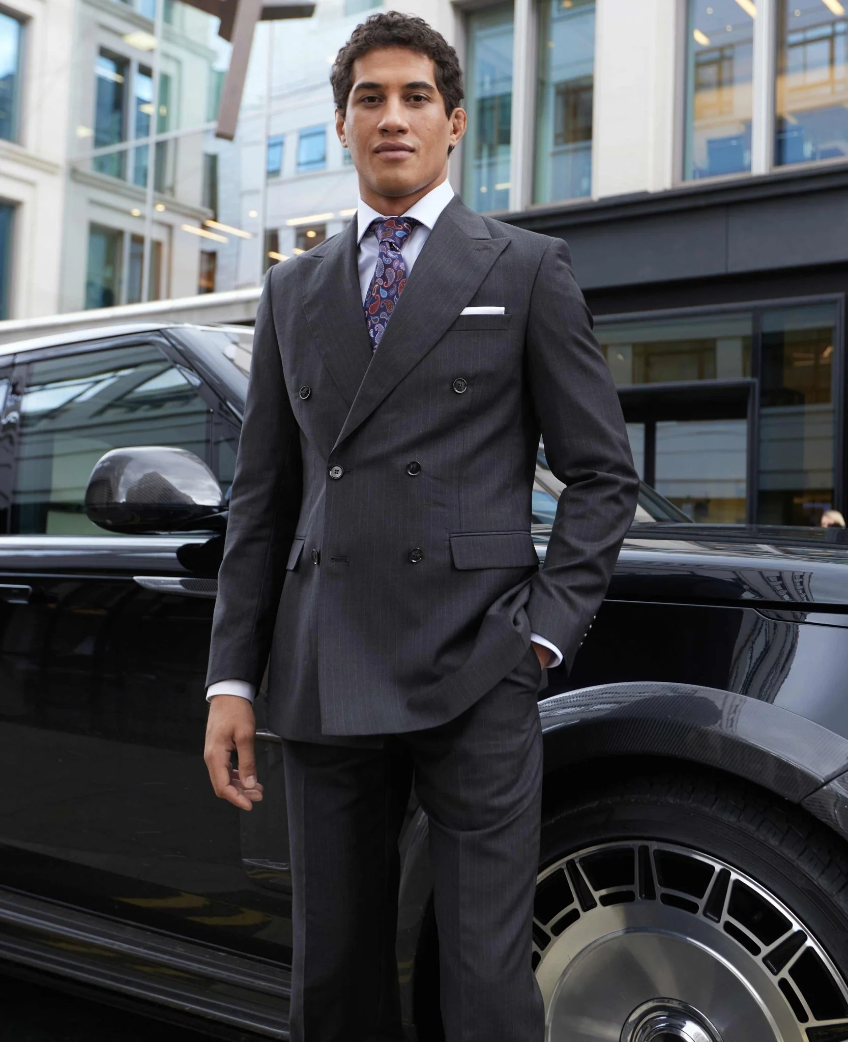 Grey Wool Blend Chalk Stripe Double Breasted Tailored Suit - Image 4