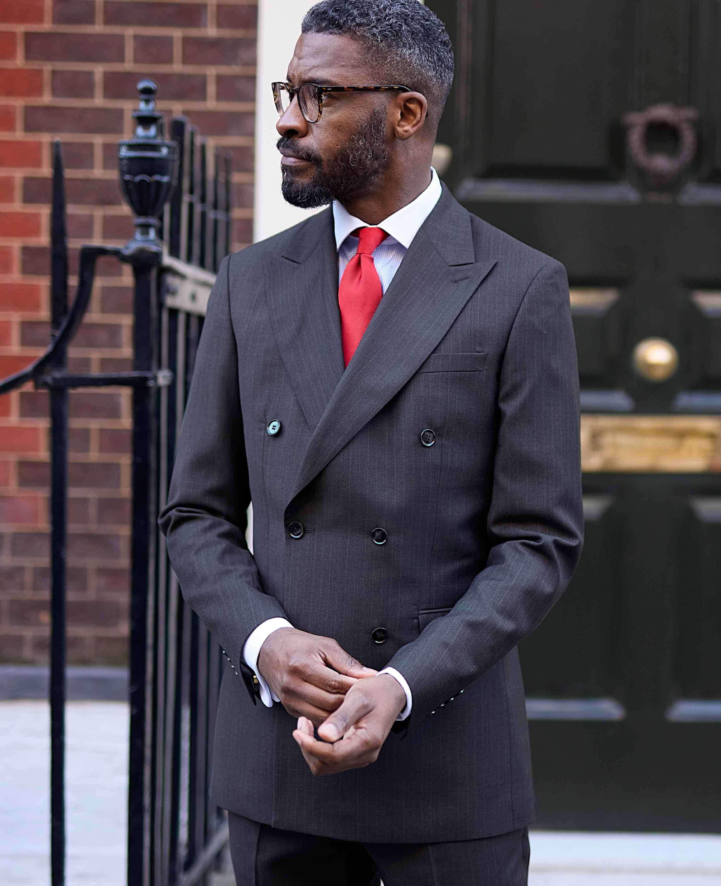 Grey Wool Blend Chalk Stripe Double Breasted Tailored Suit - Image 5