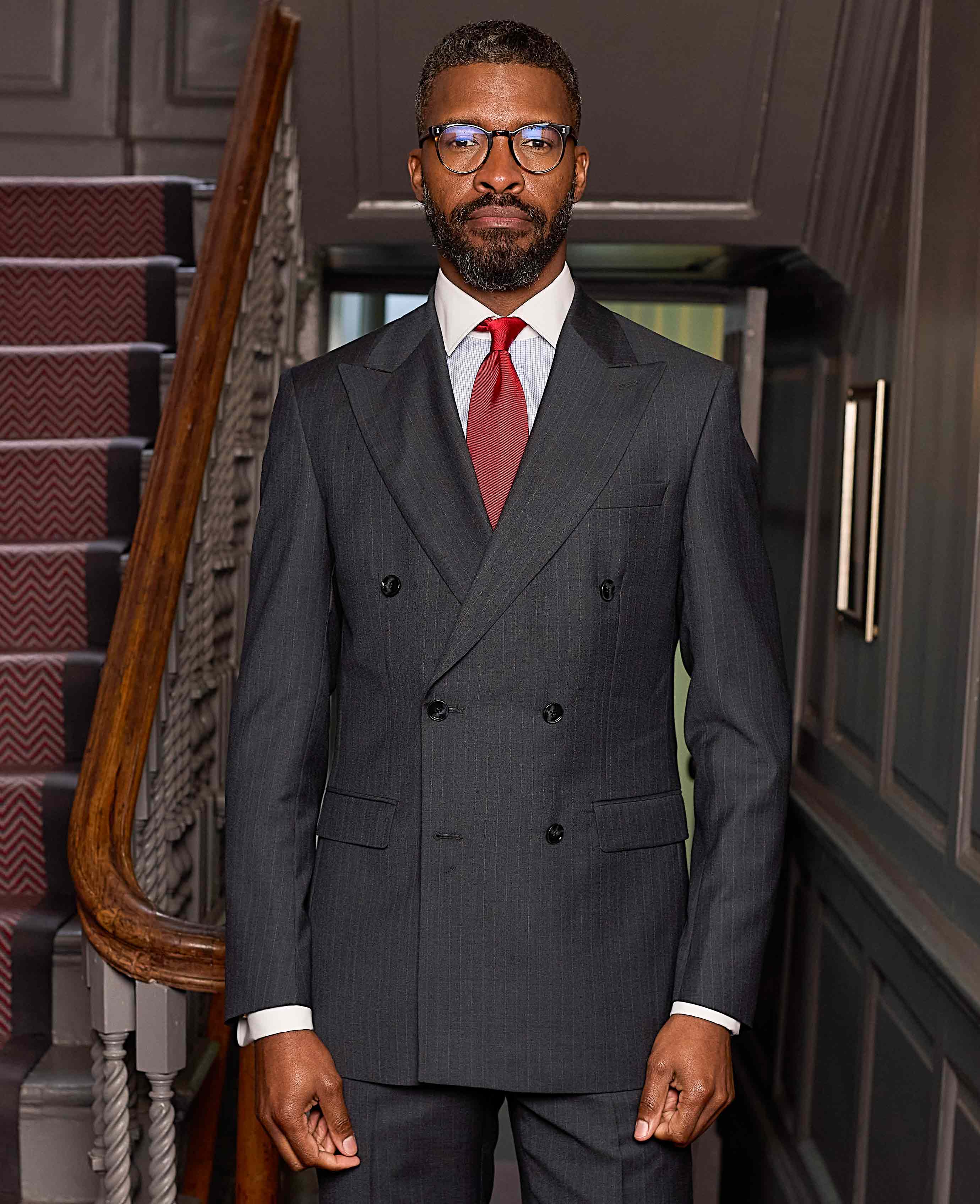 Grey Wool Blend Chalk Stripe Double Breasted Tailored Suit - Image 7