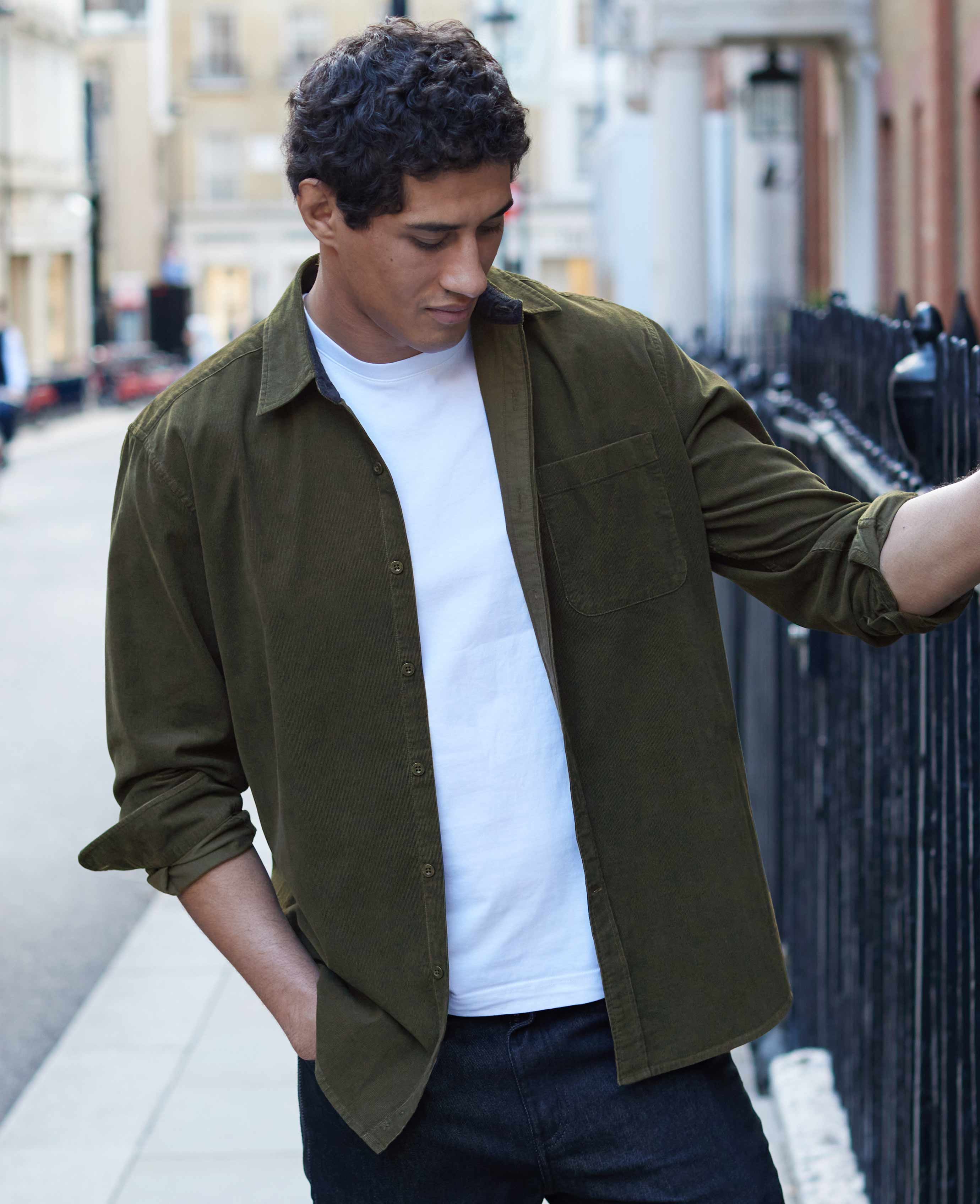 Khaki Cotton Babycord Classic Fit Casual Shirt - Image 3