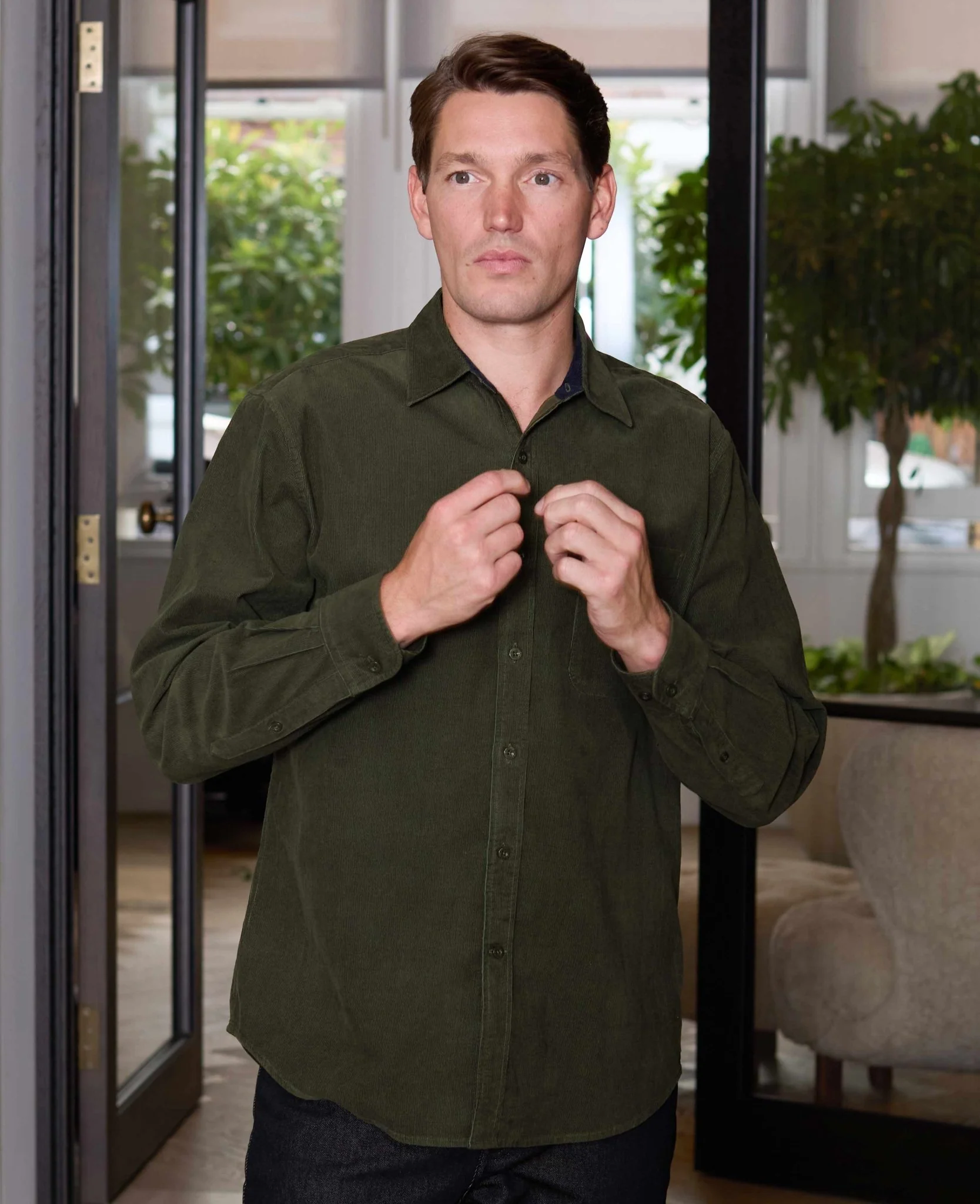 Khaki Cotton Babycord Classic Fit Casual Shirt - Image 6