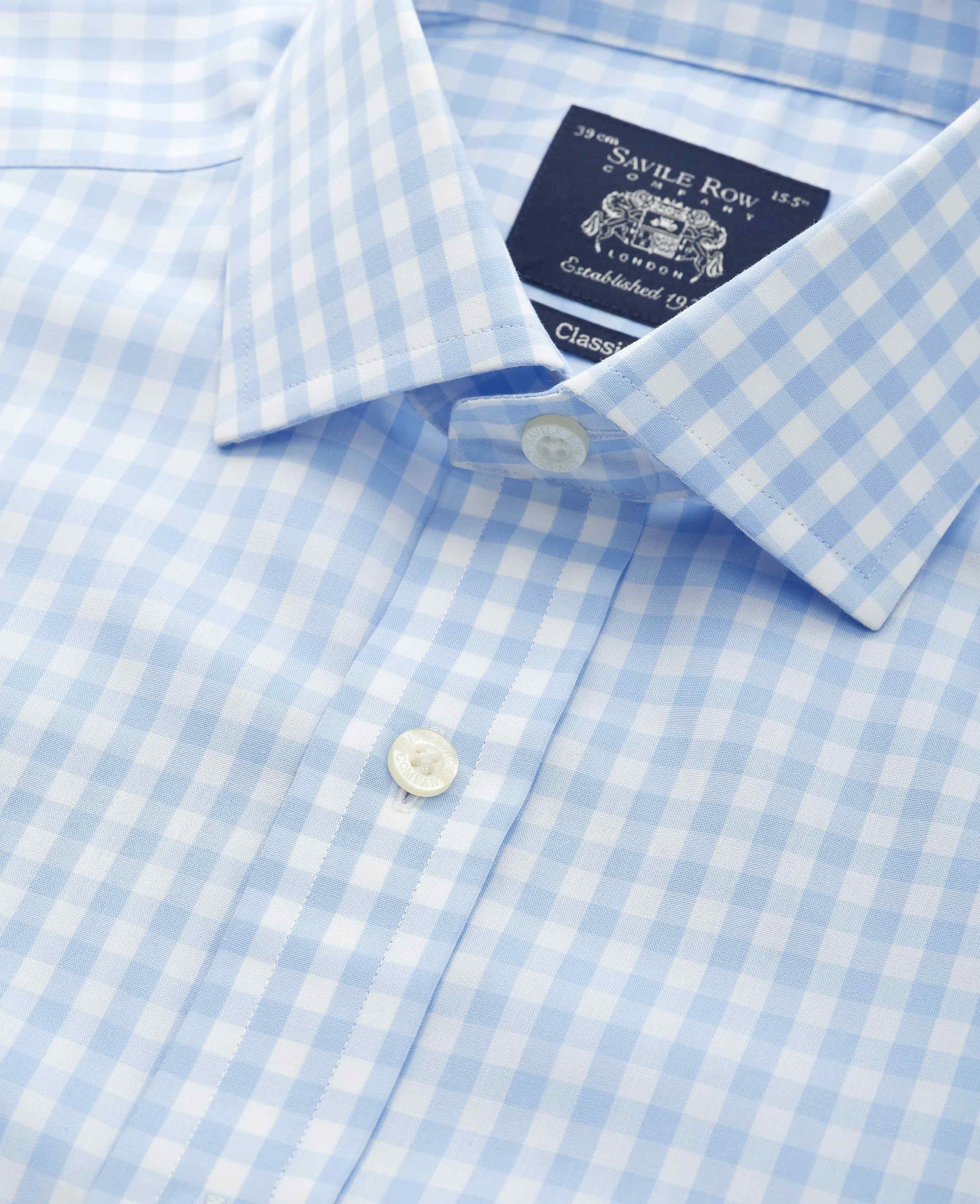 Light Blue Cotton Poplin Gingham Check Classic Fit Non-Iron Shirt - Single Cuff - Image 3