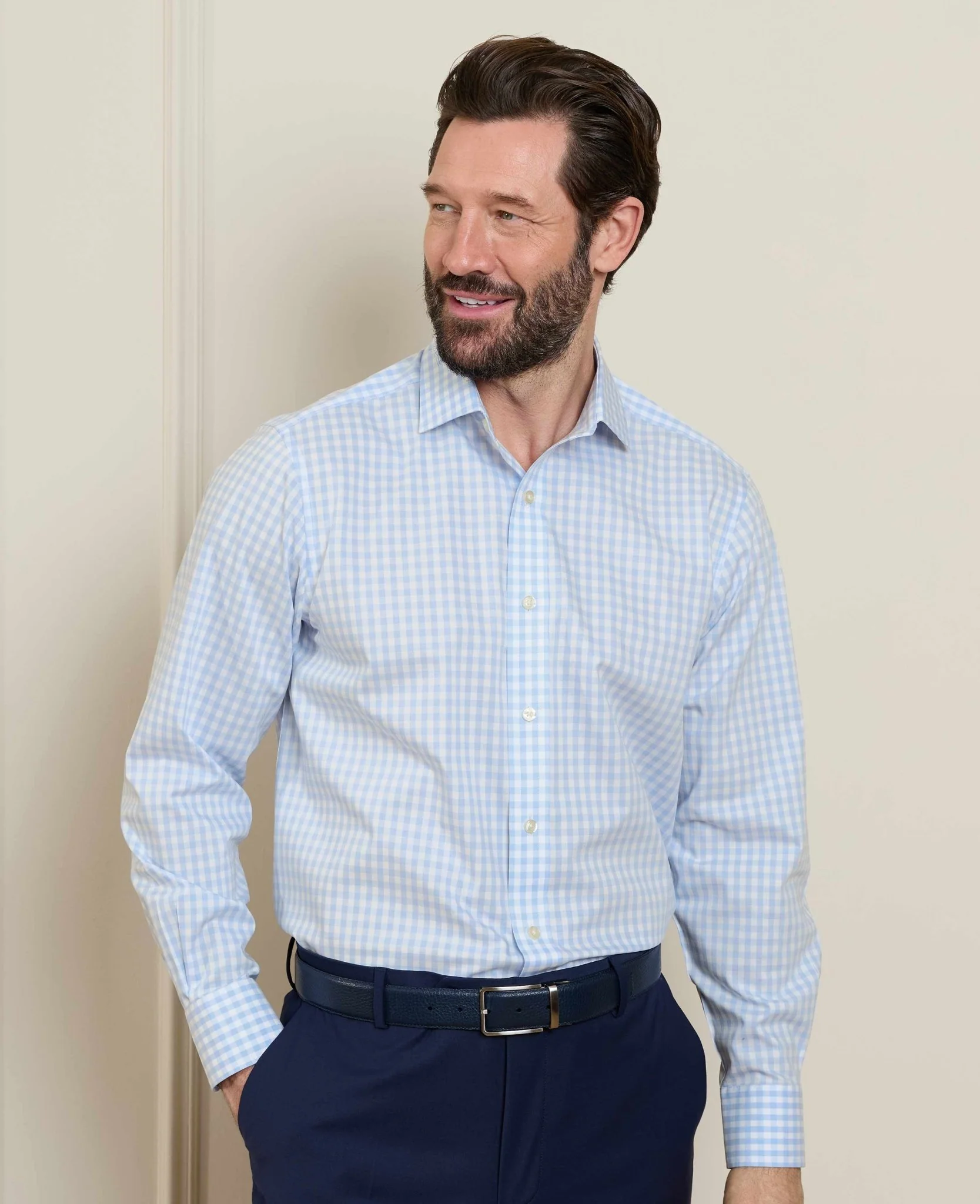 Light Blue Cotton Poplin Gingham Check Classic Fit Non-Iron Shirt - Single Cuff - Image 4