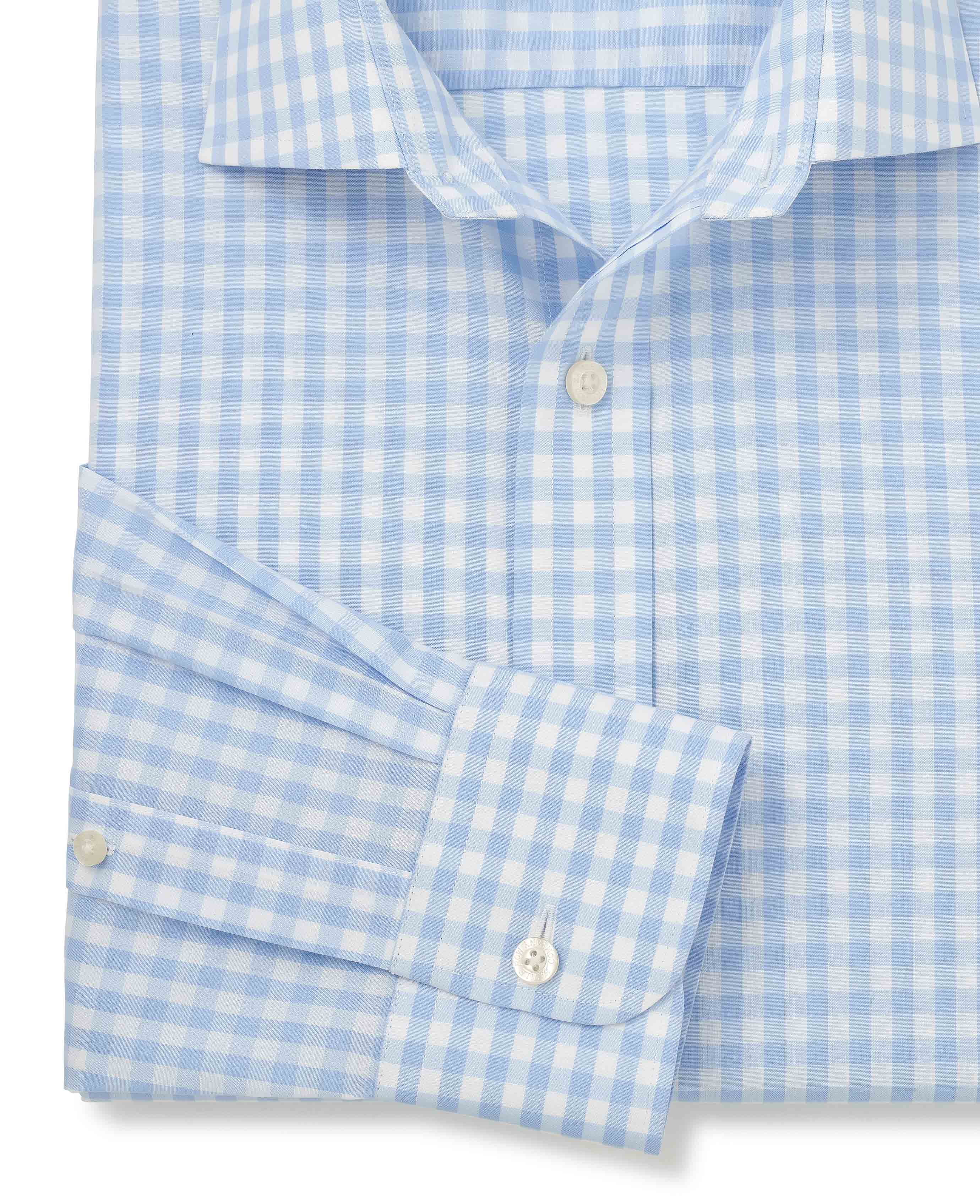 Light Blue Cotton Poplin Gingham Check Classic Fit Non-Iron Shirt - Single Cuff - Image 5