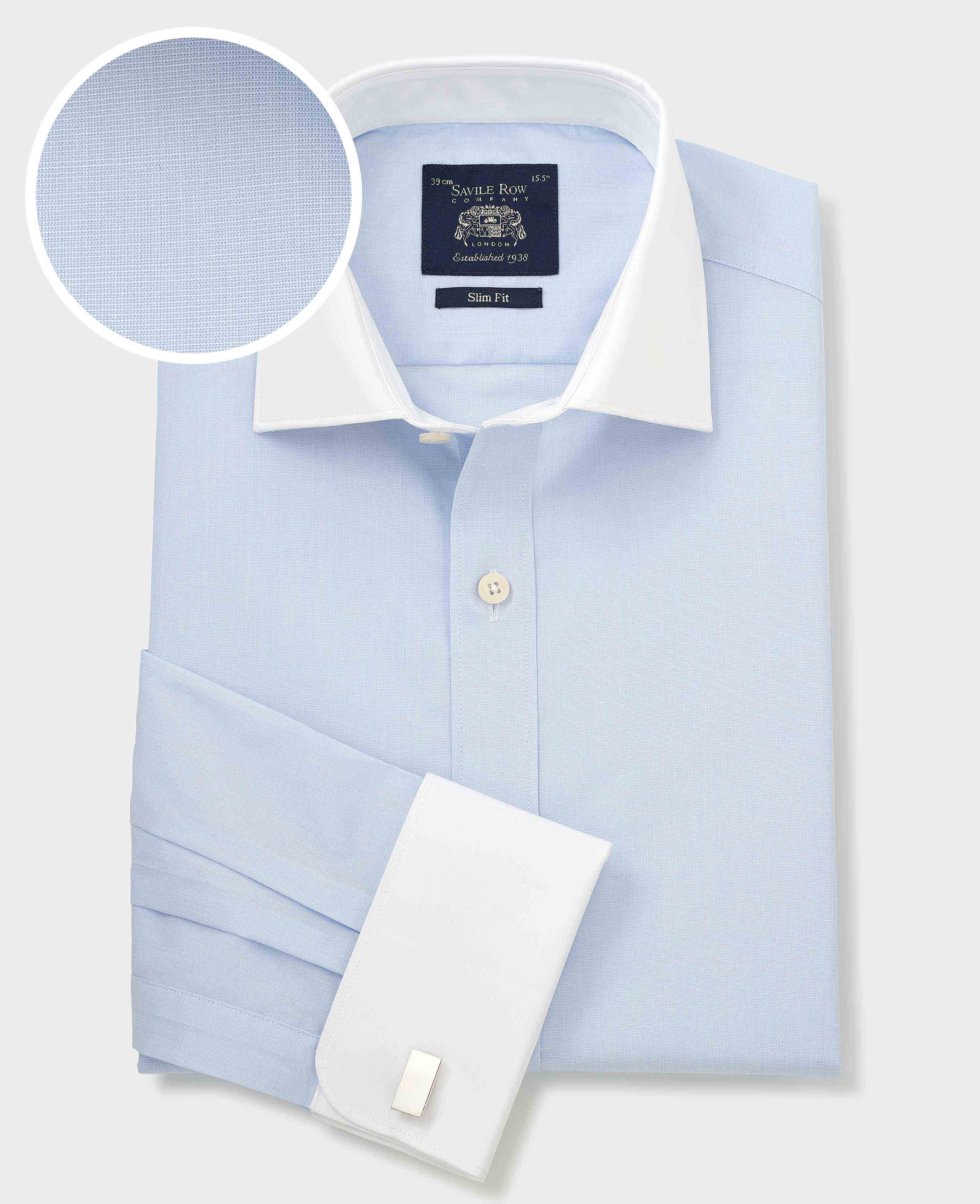 Light Blue Slim Fit Contrast Collar Shirt - Double Cuff