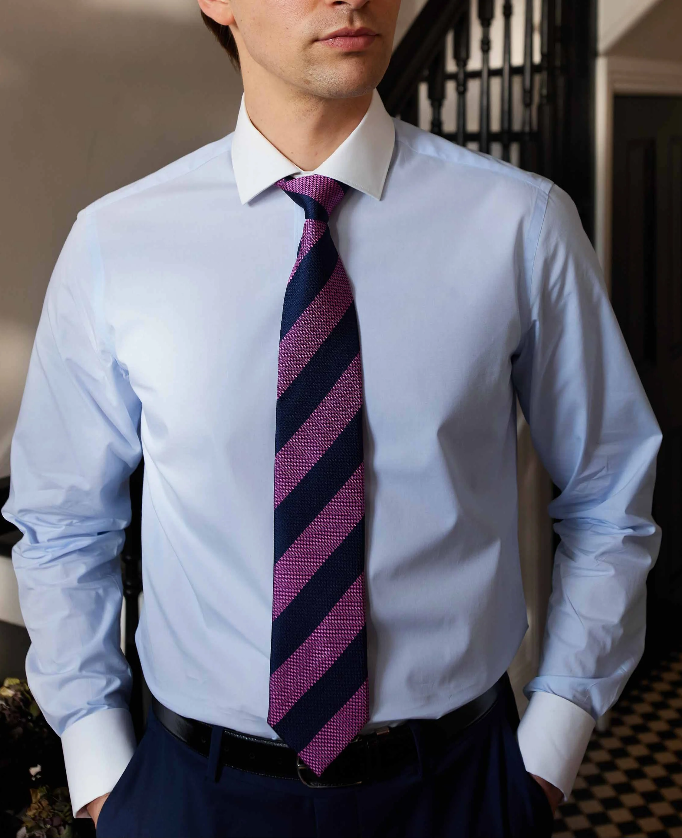 Light Blue Slim Fit Contrast Collar Shirt - Double Cuff - Image 2