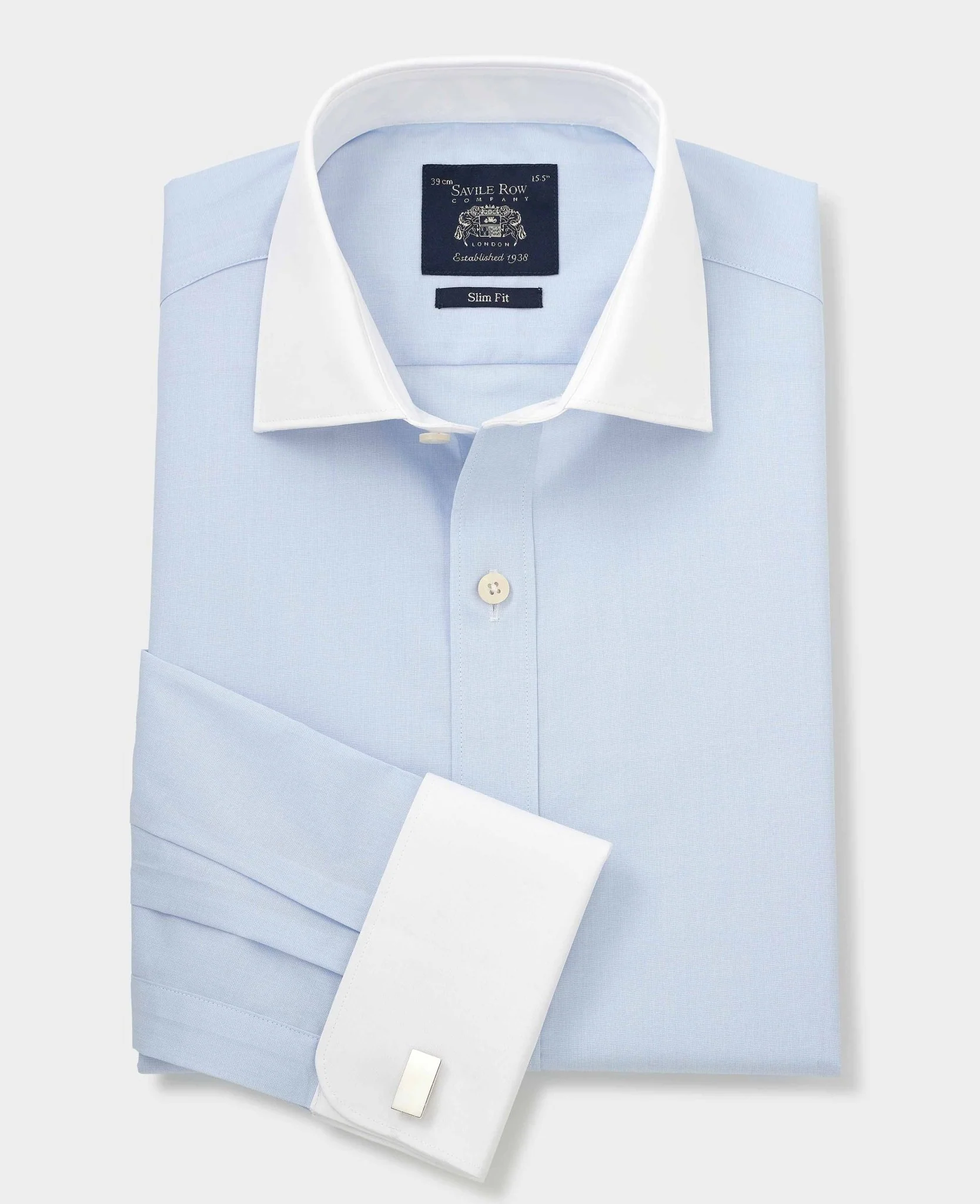 Light Blue Slim Fit Contrast Collar Shirt - Double Cuff - Image 3