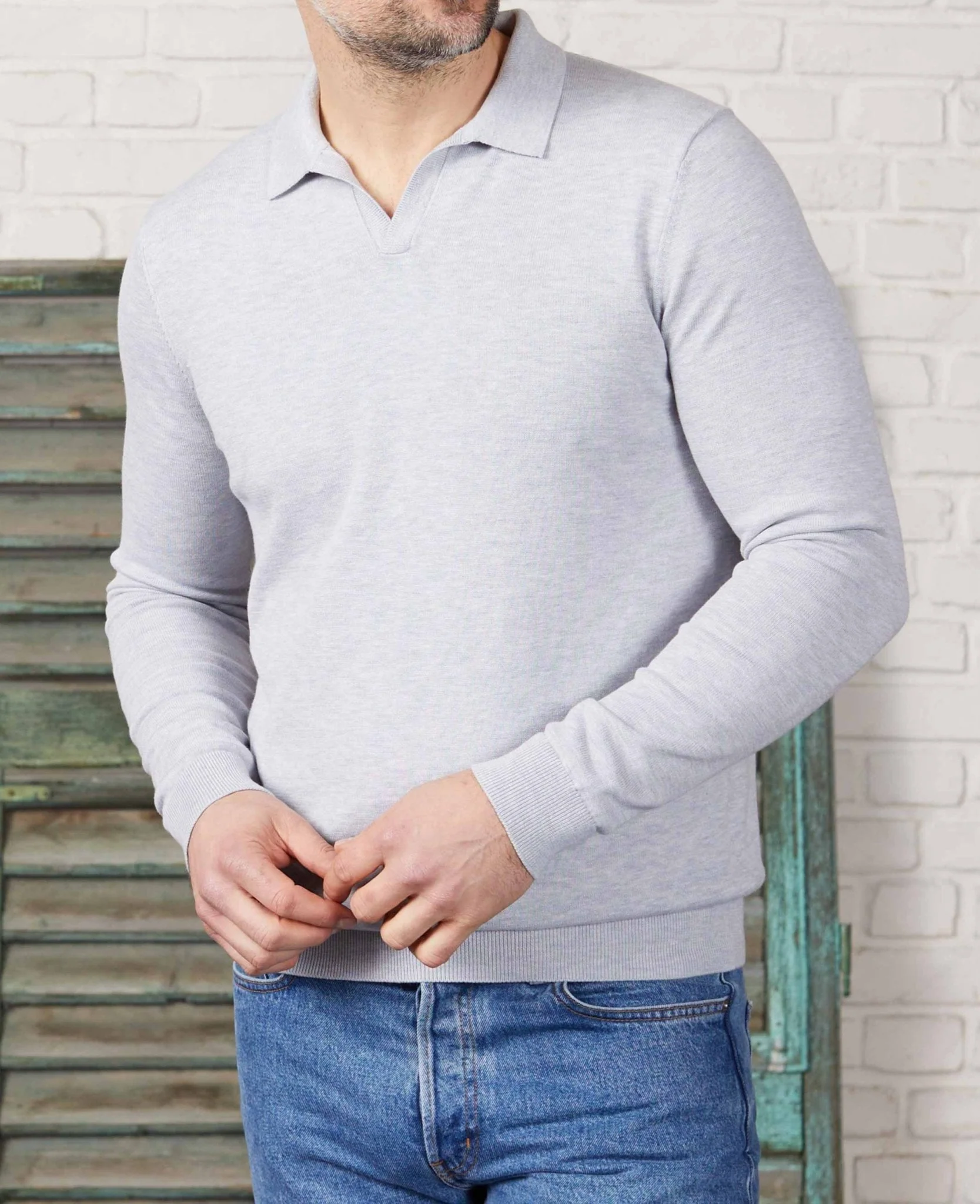 Light Grey Cotton-Blend Open Collar Knit Polo [RTC]