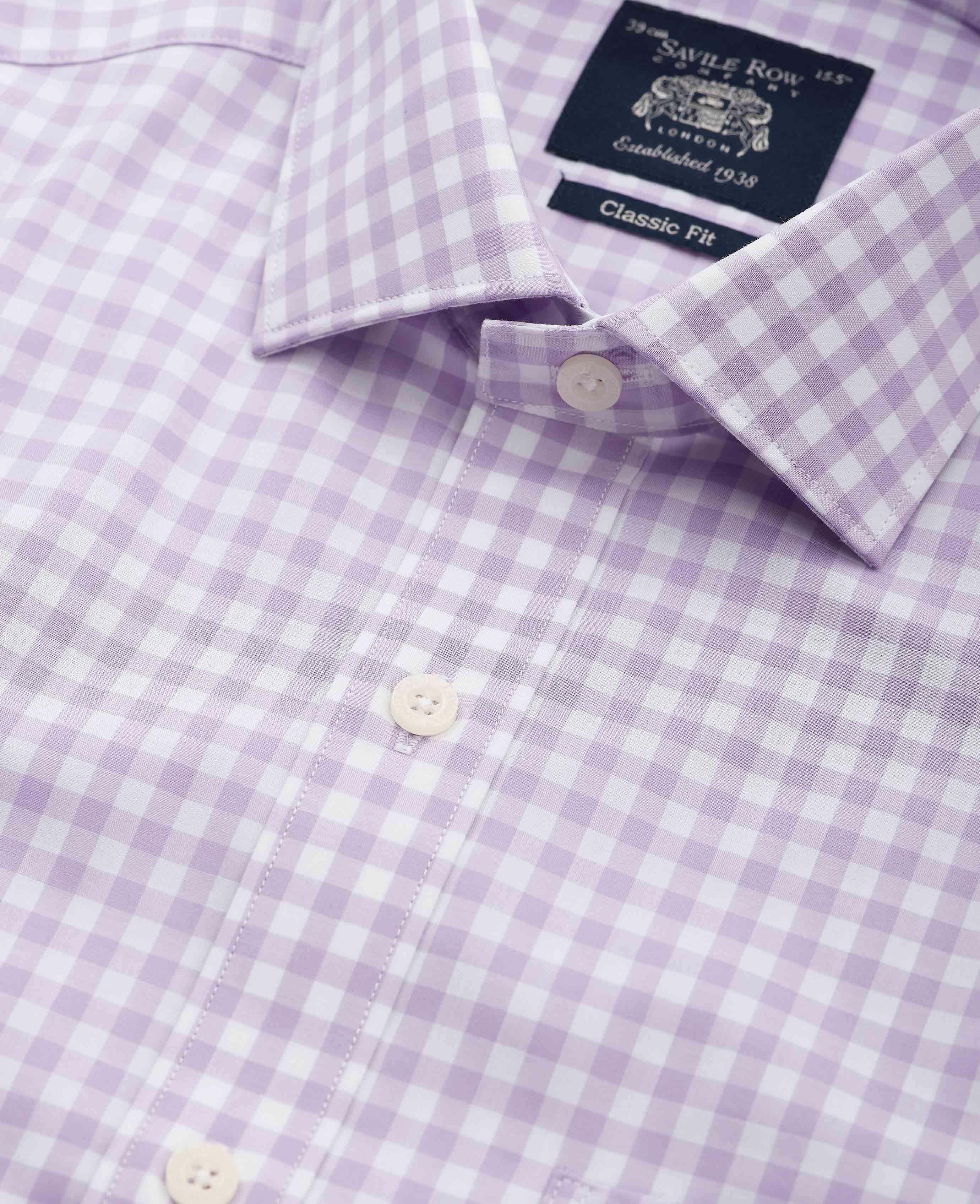 Lilac Cotton Gingham Check Classic Fit Formal Shirt - Single Cuff - Image 3