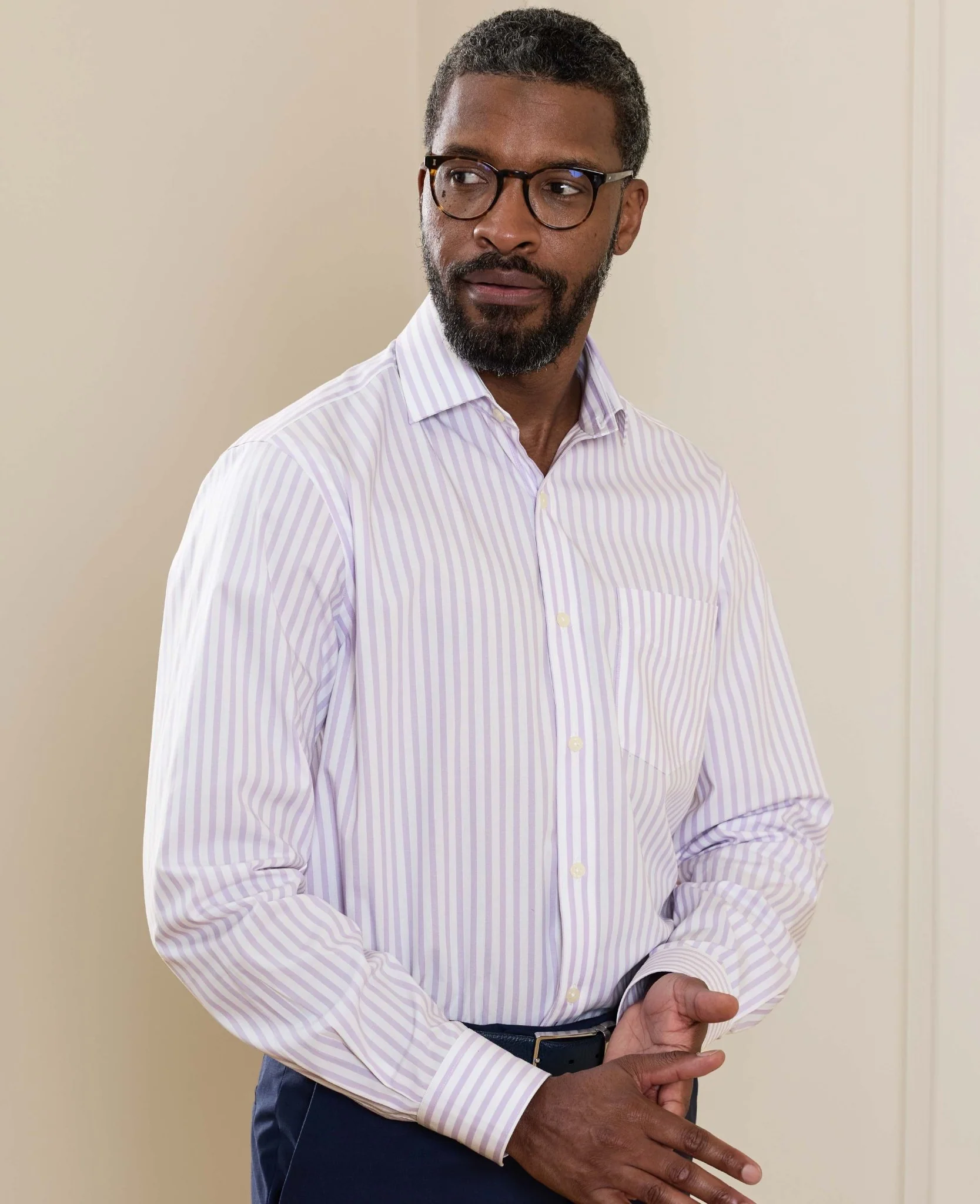 Lilac White Stripe Cotton Poplin Classic Fit Formal Shirt - Single Cuff - Image 2