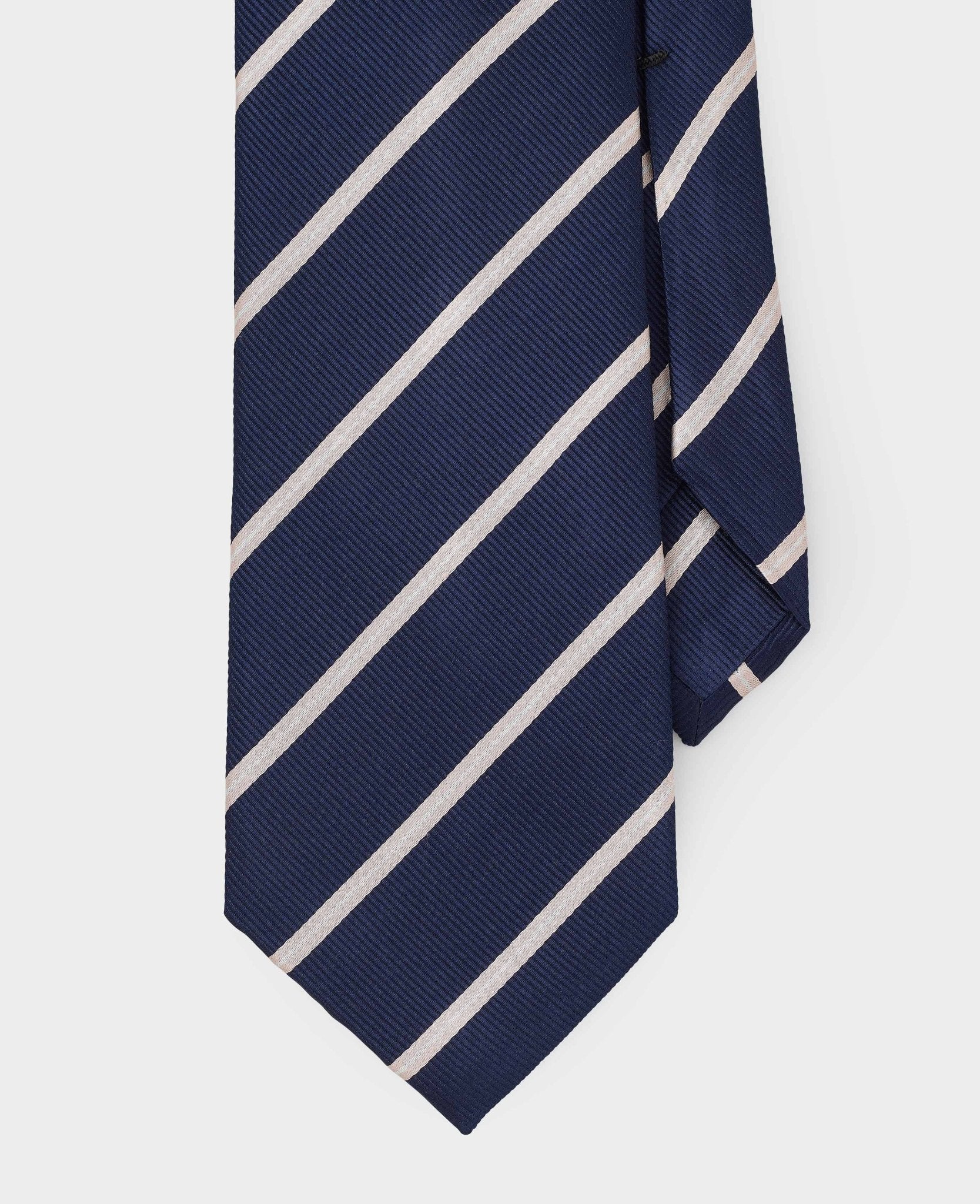 Navy Beige Stripe Seven Fold Silk Tie