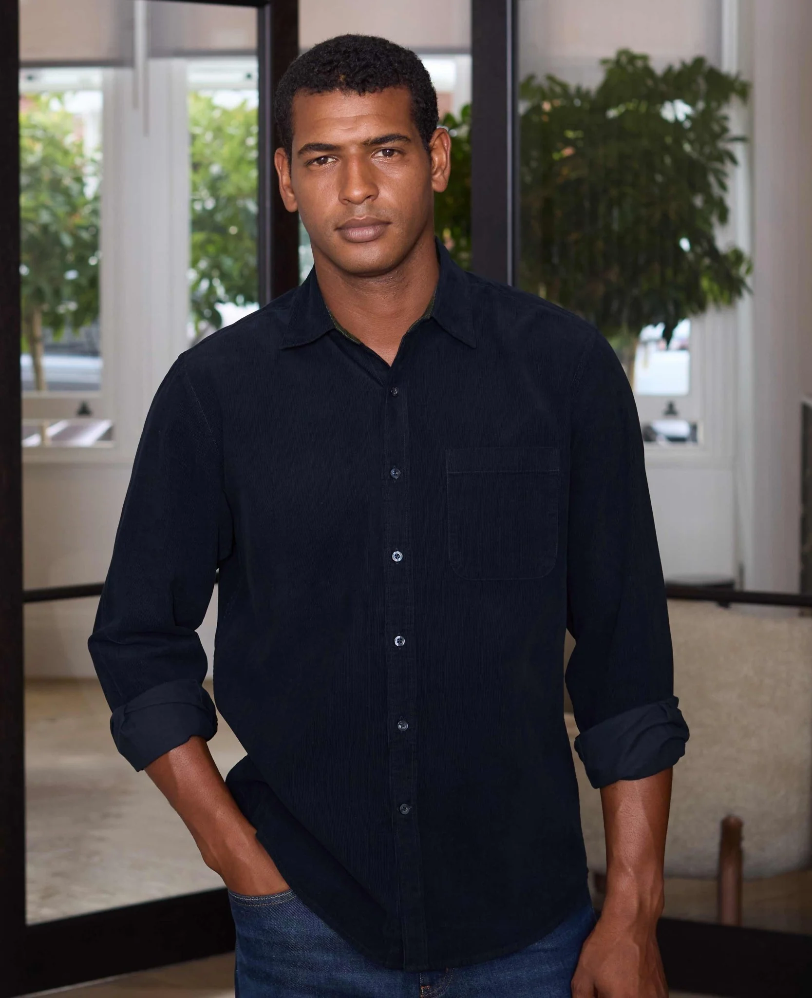 Navy Cotton Babycord Classic Fit Casual Shirt