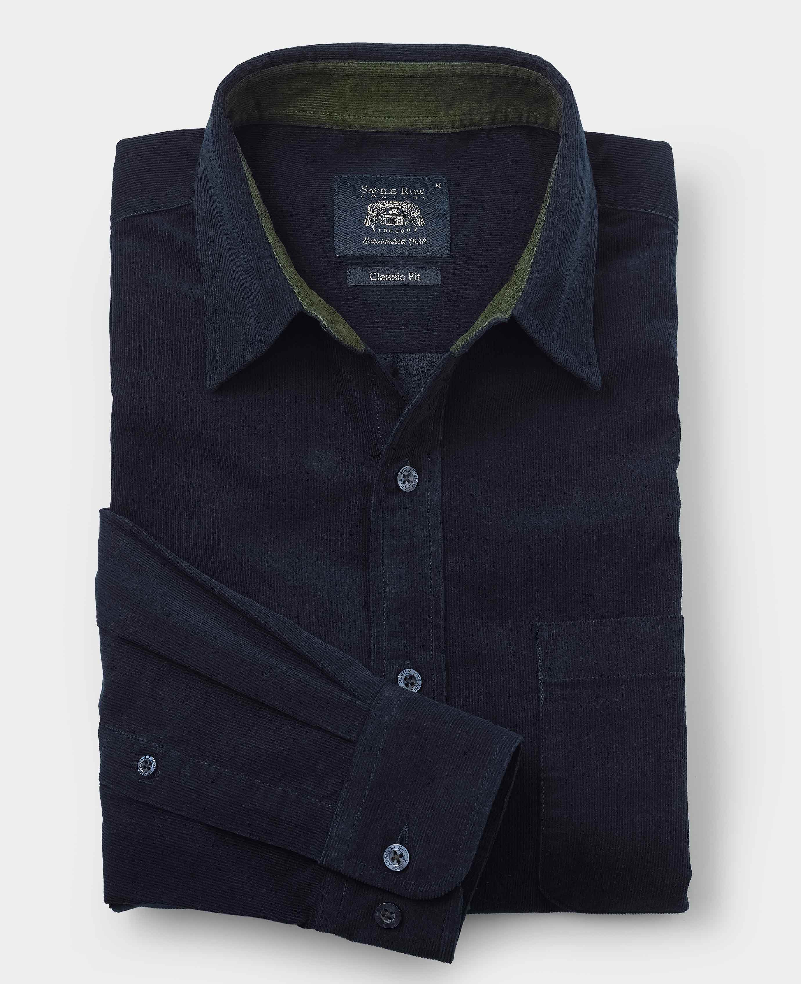 Navy Cotton Babycord Classic Fit Casual Shirt - Image 2