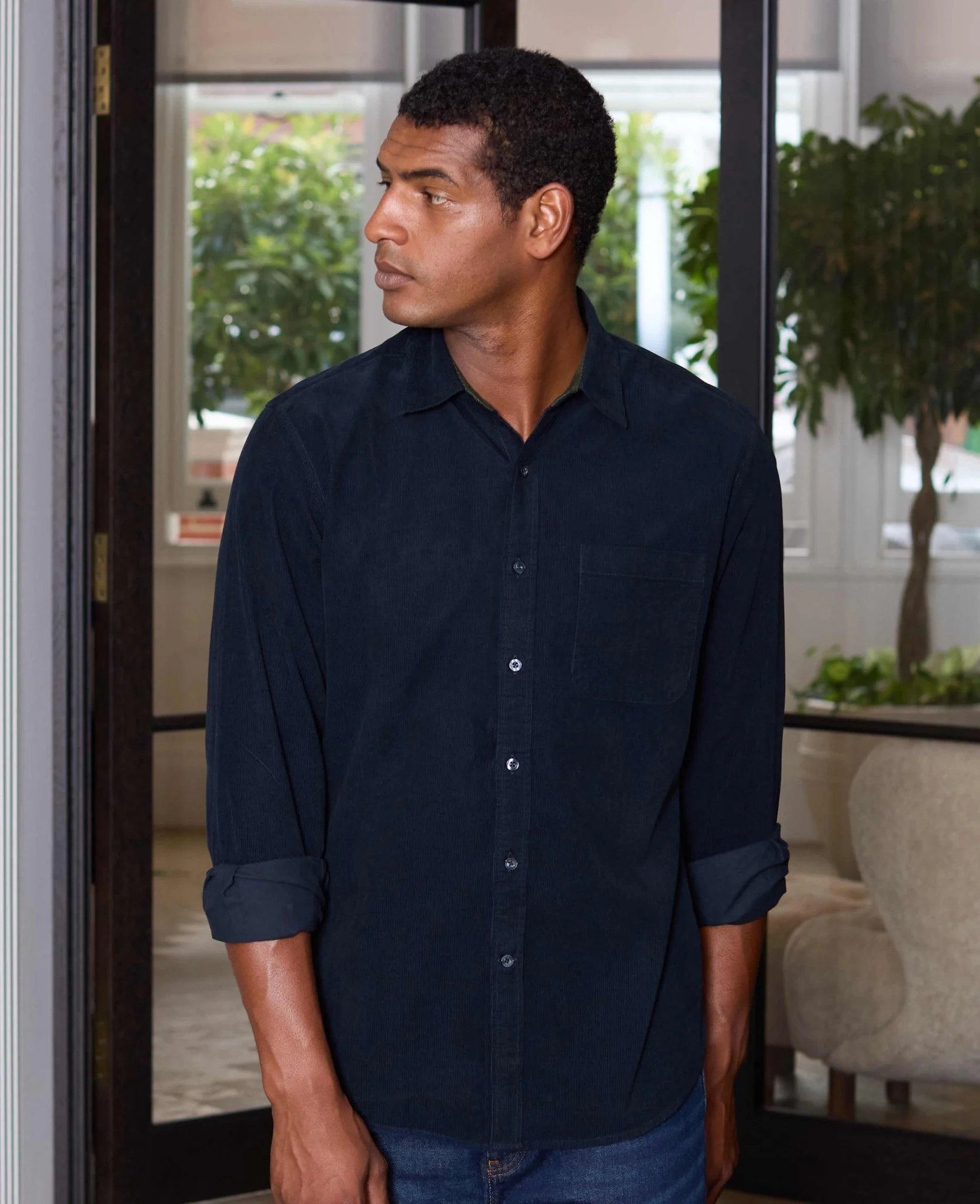 Navy Cotton Babycord Classic Fit Casual Shirt - Image 5