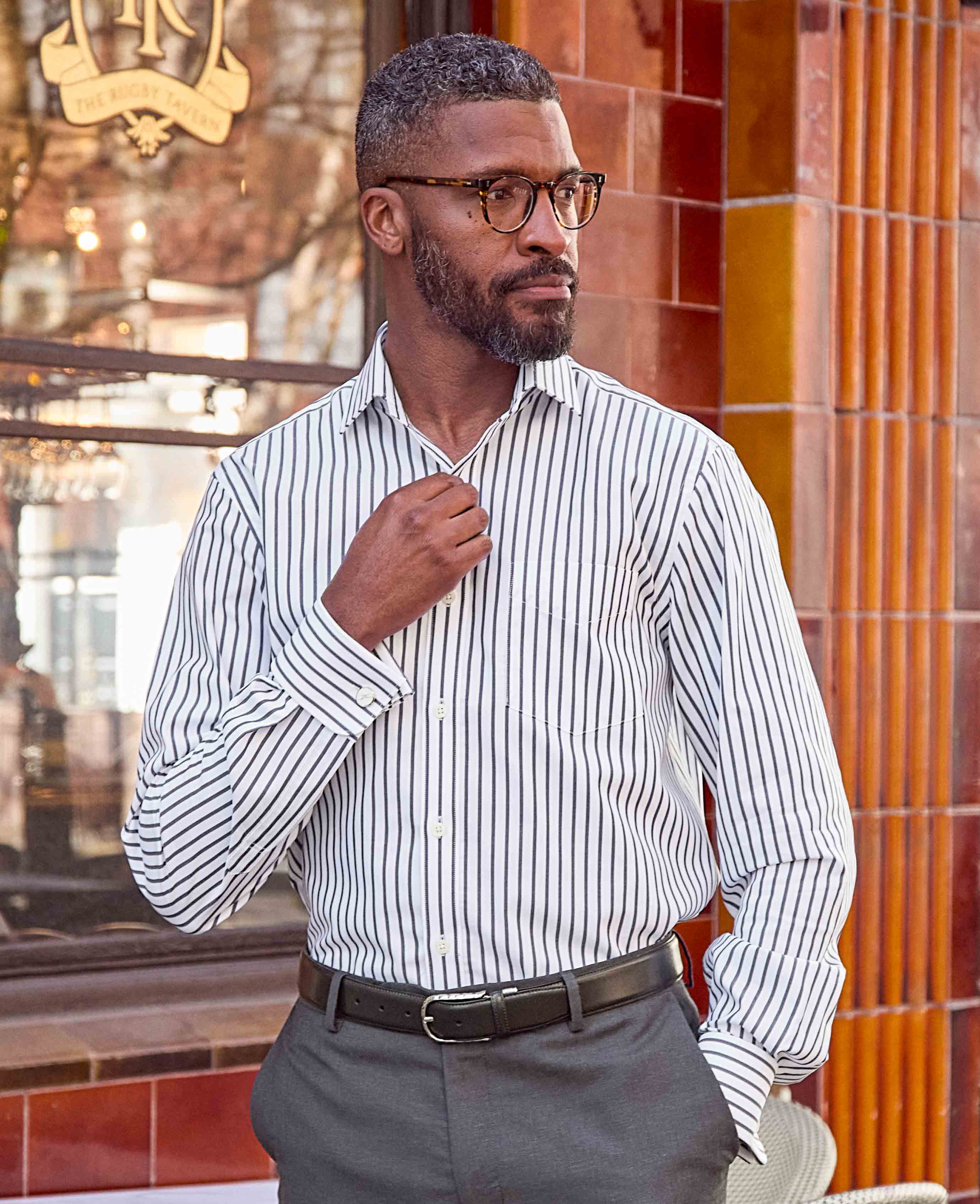 Navy Cotton Classic Fit Striped Formal Shirt - Double Cuff - Image 2