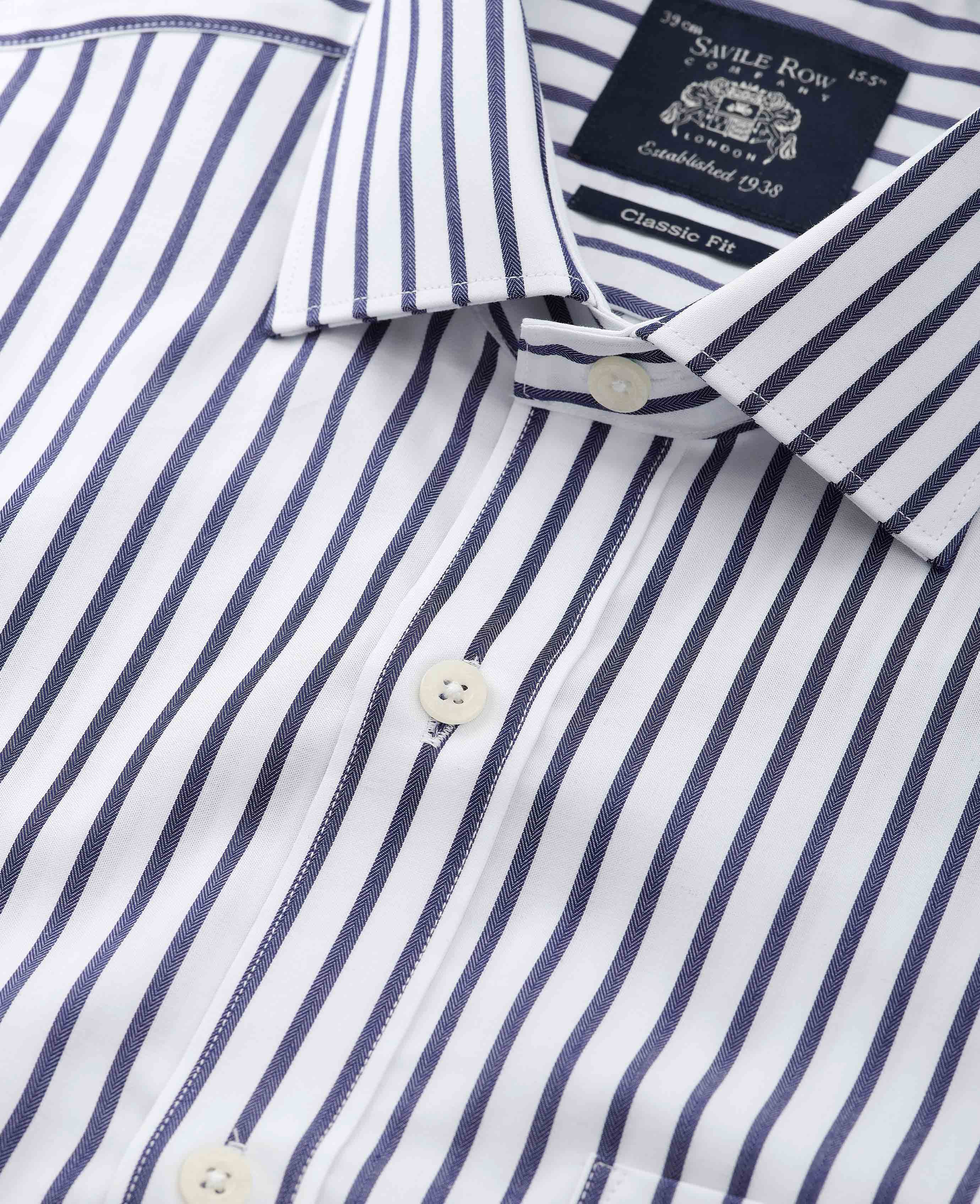 Navy Cotton Classic Fit Striped Formal Shirt - Double Cuff - Image 3