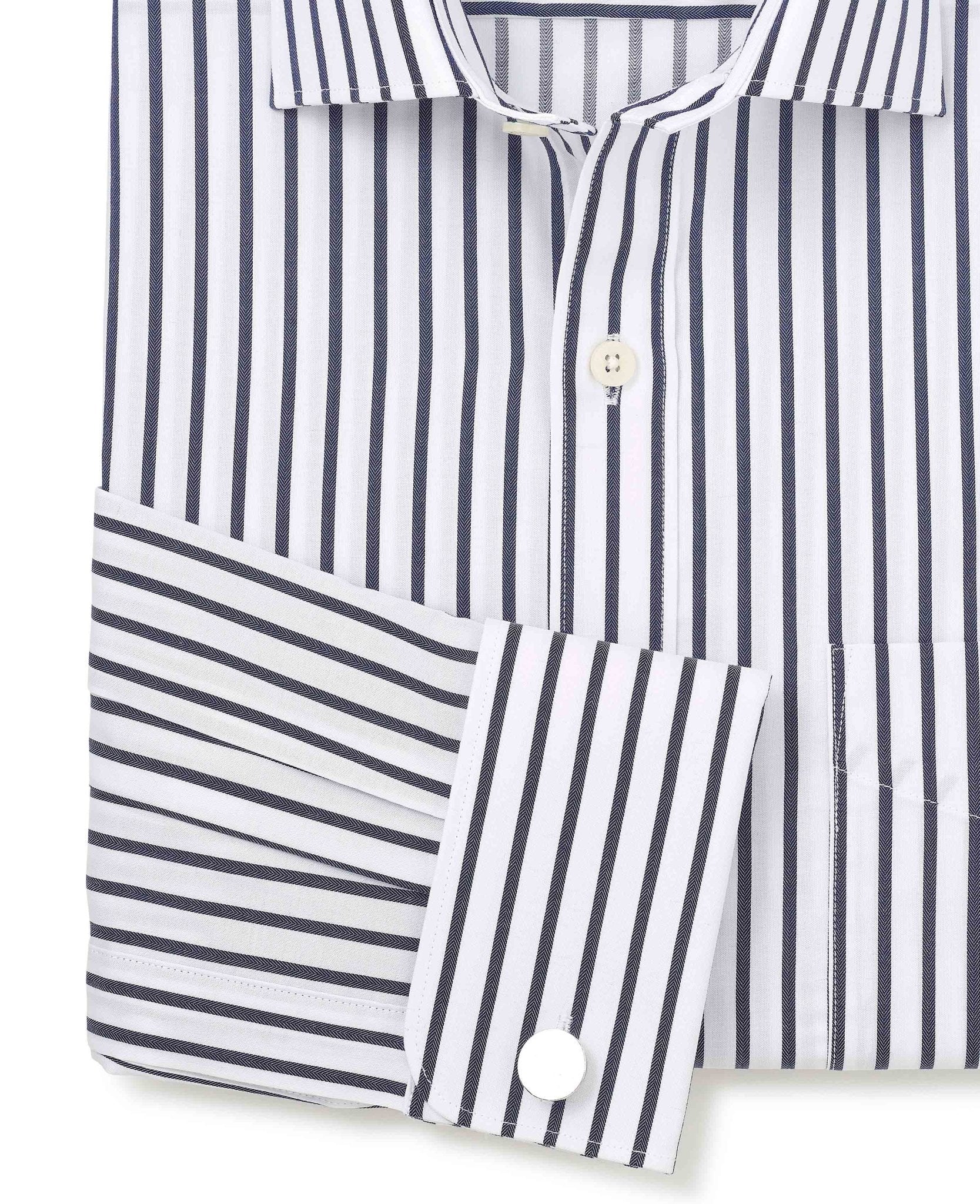 Navy Cotton Classic Fit Striped Formal Shirt - Double Cuff - Image 5