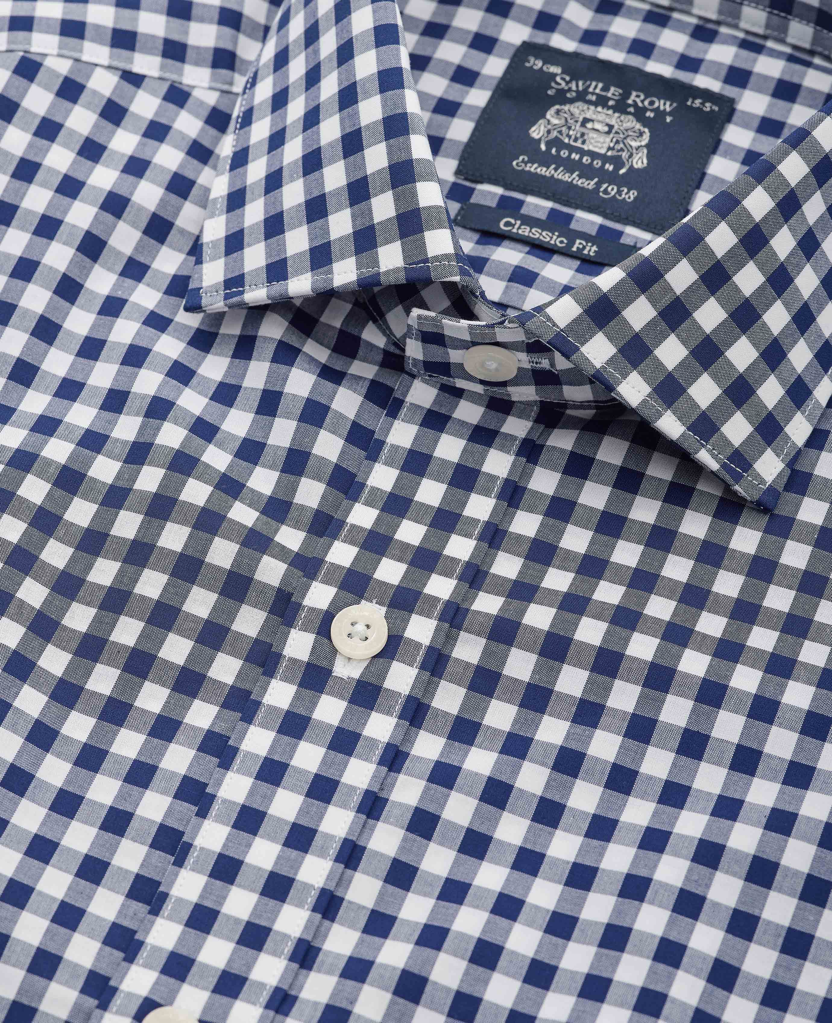 Navy Cotton Gingham Check Classic Fit Formal Shirt - Single Cuff - Image 3