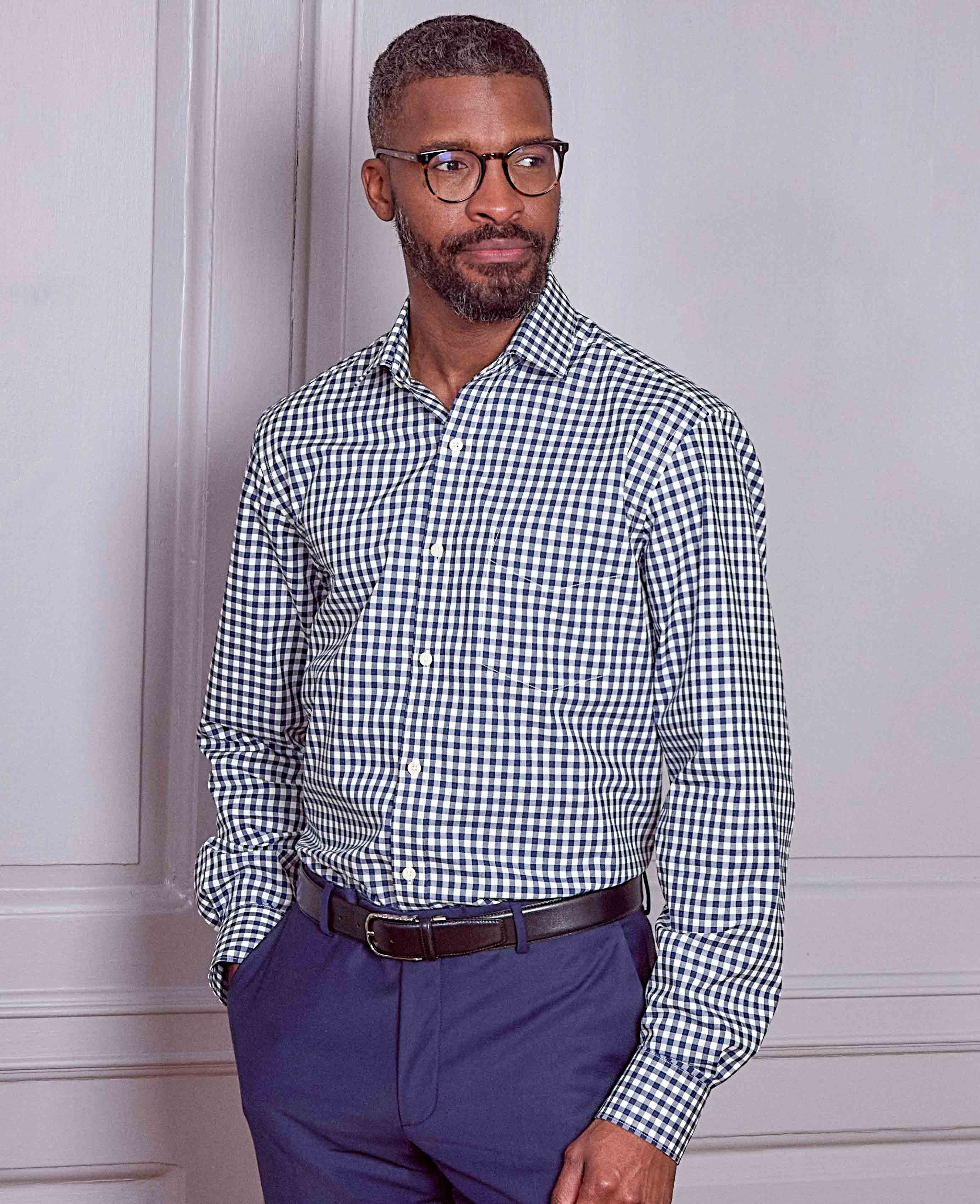 Navy Cotton Gingham Check Classic Fit Formal Shirt - Single Cuff - Image 4