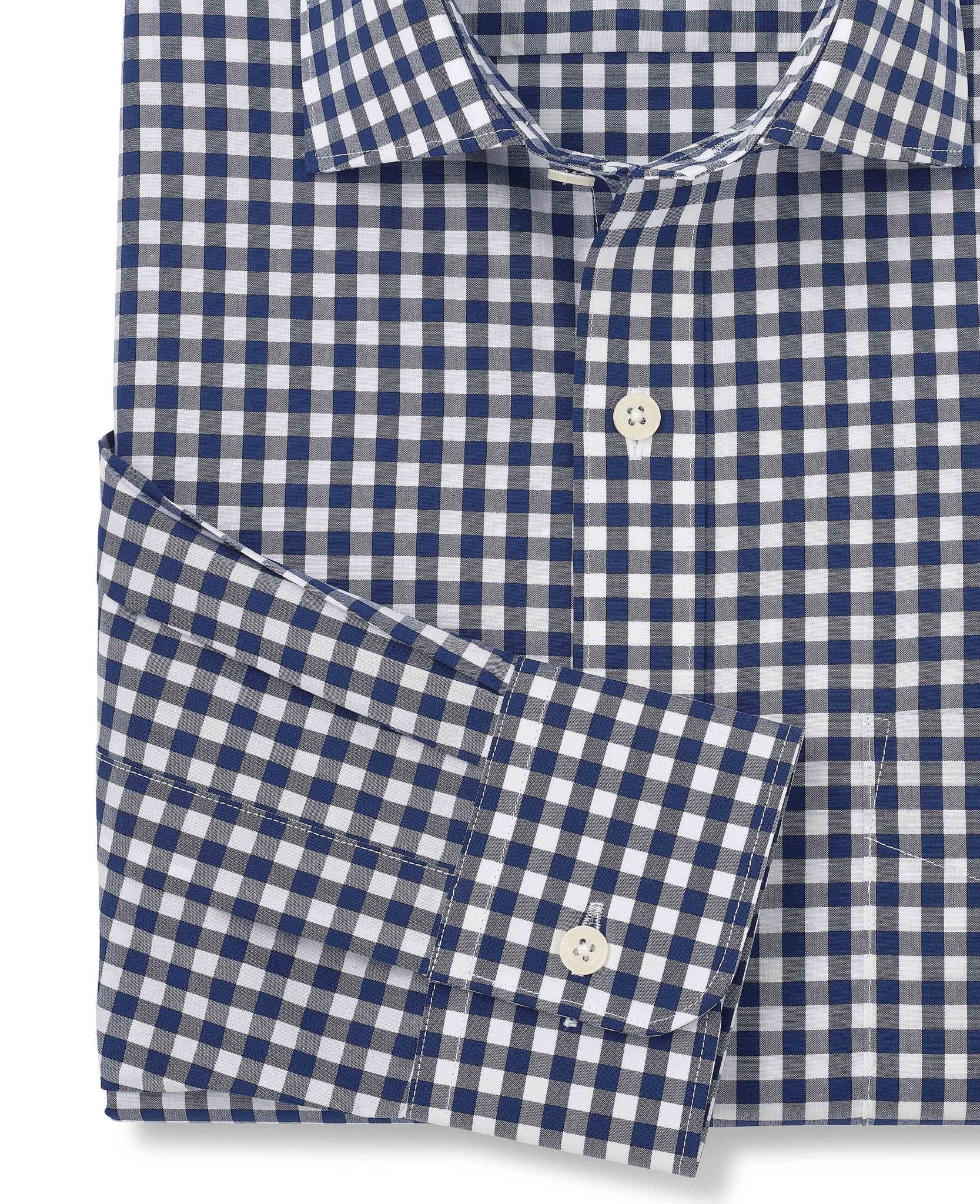 Navy Cotton Gingham Check Classic Fit Formal Shirt - Single Cuff - Image 5