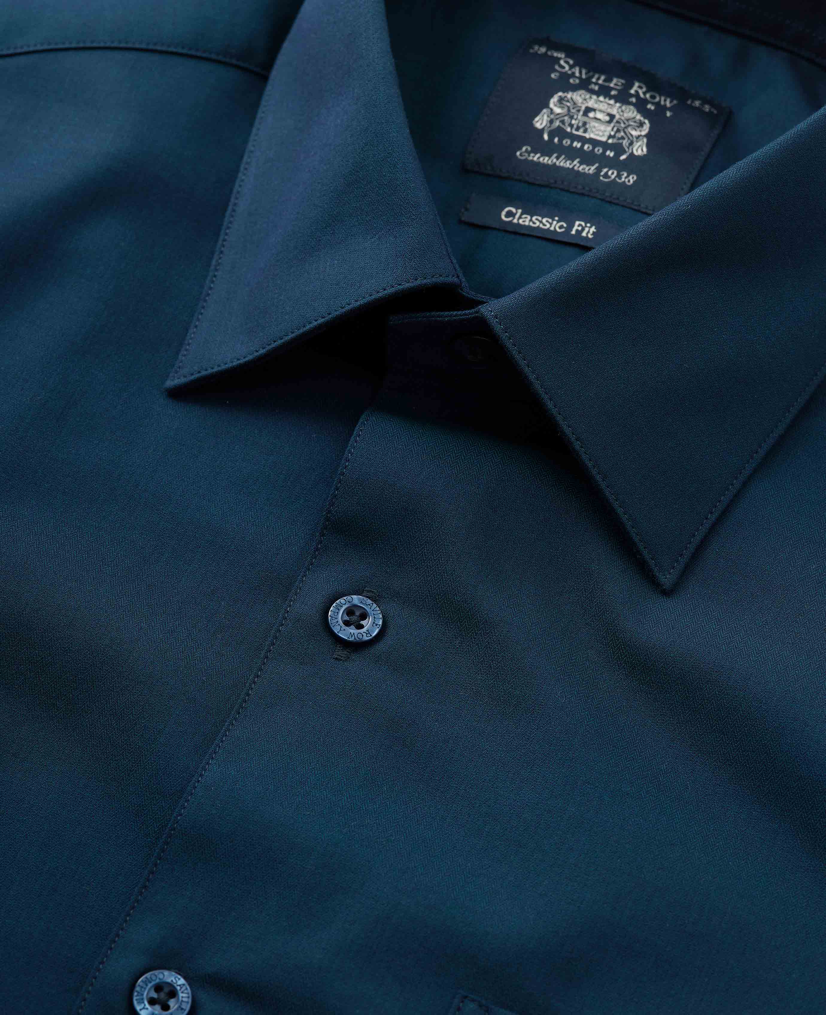 Navy Cotton Herringbone Classic Fit Formal Shirt - Single Cuff - Image 4