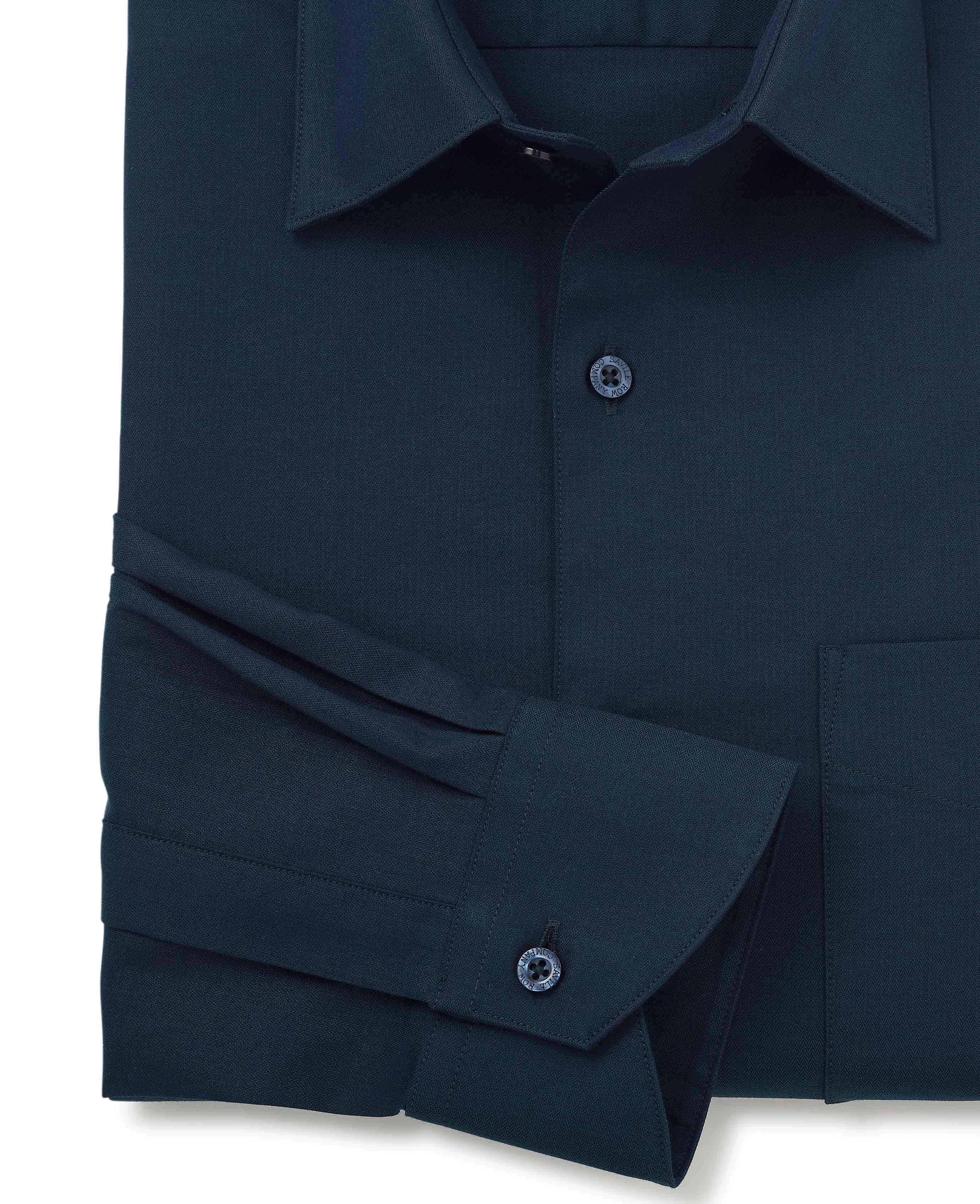 Navy Cotton Herringbone Classic Fit Formal Shirt - Single Cuff - Image 5