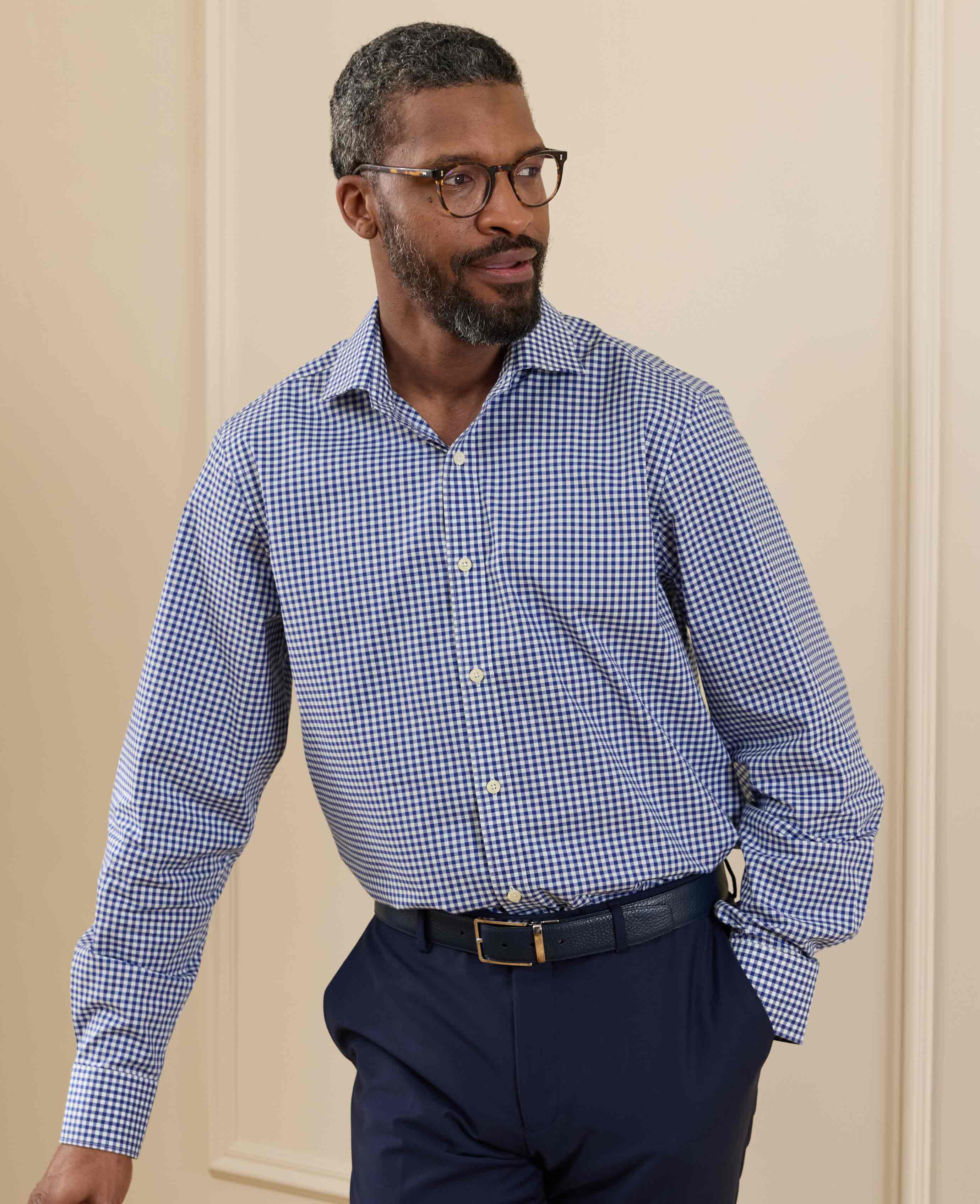 Navy Cotton Poplin Gingham Check Classic Fit Formal Shirt - Single Cuff - Image 5