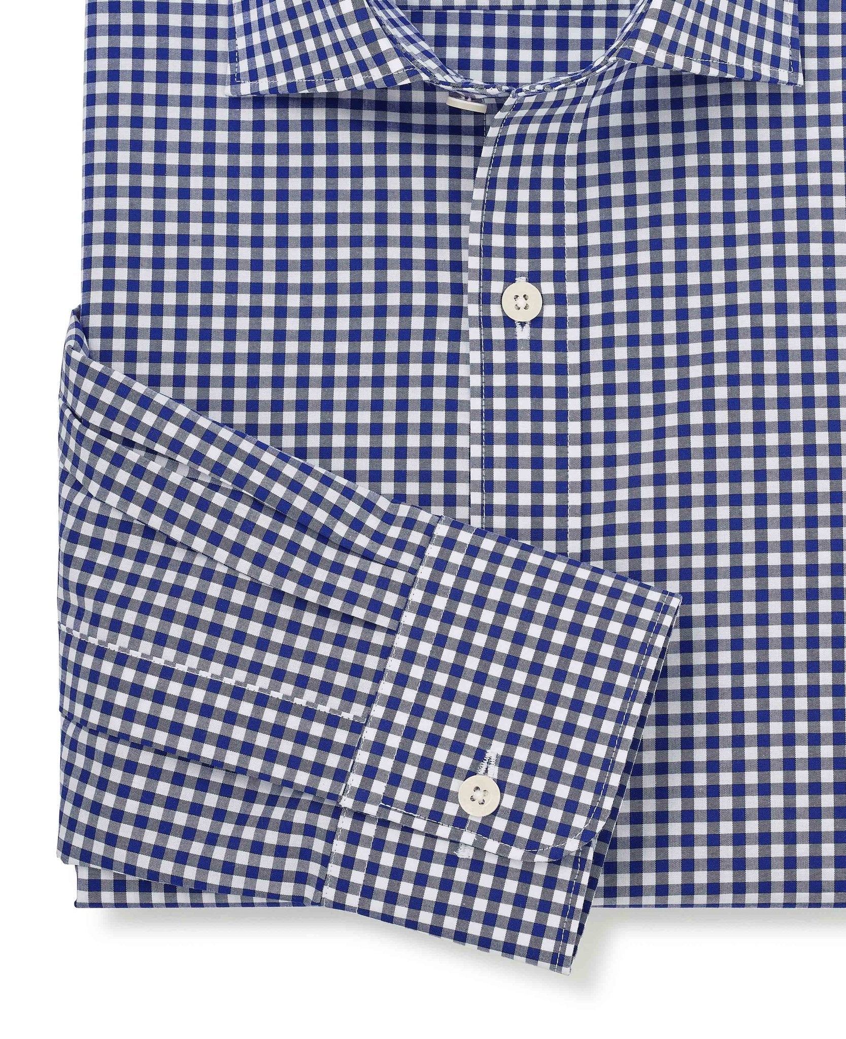 Navy Cotton Poplin Gingham Check Classic Fit Formal Shirt - Single Cuff - Image 6