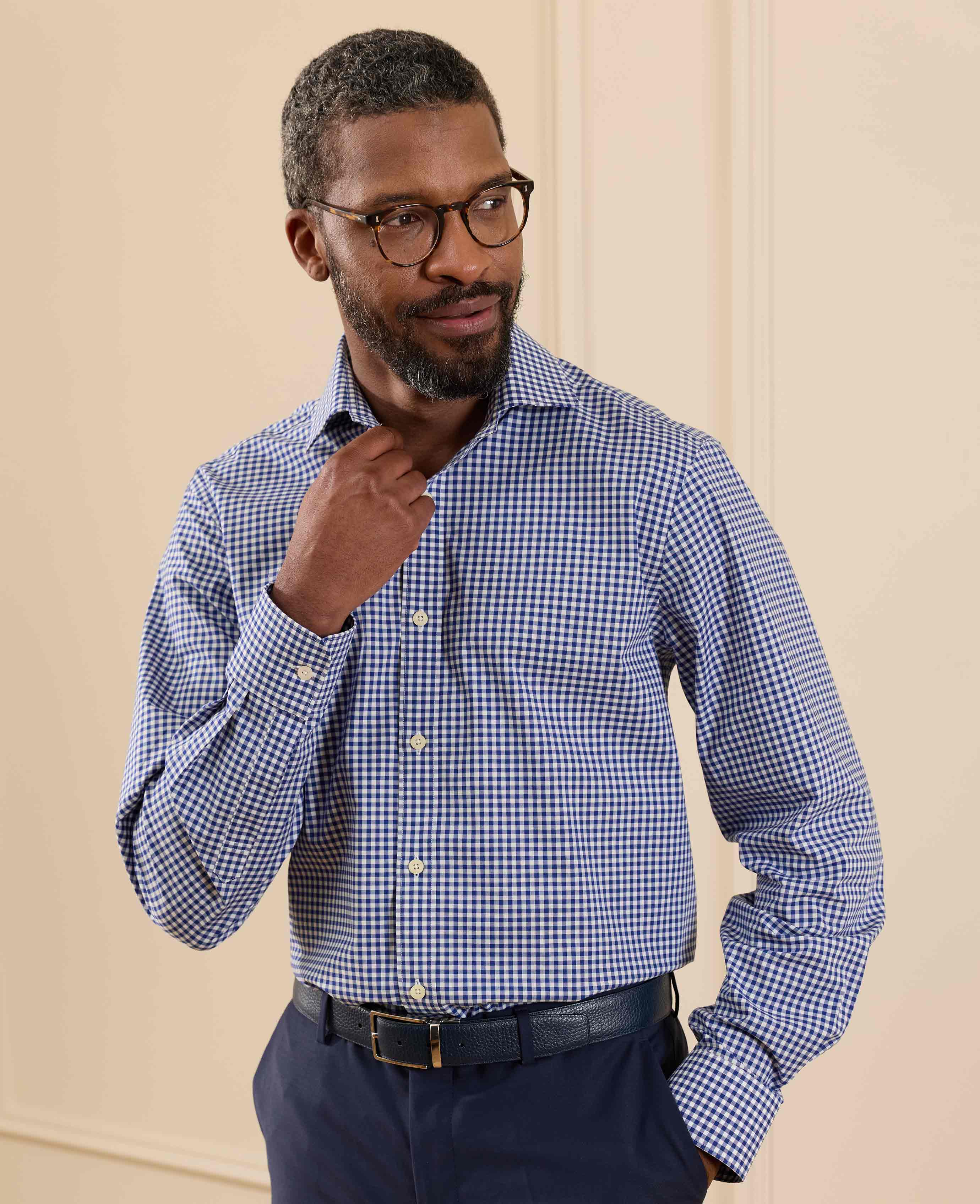 Navy Cotton Poplin Gingham Check Classic Fit Formal Shirt - Single Cuff - Image 7